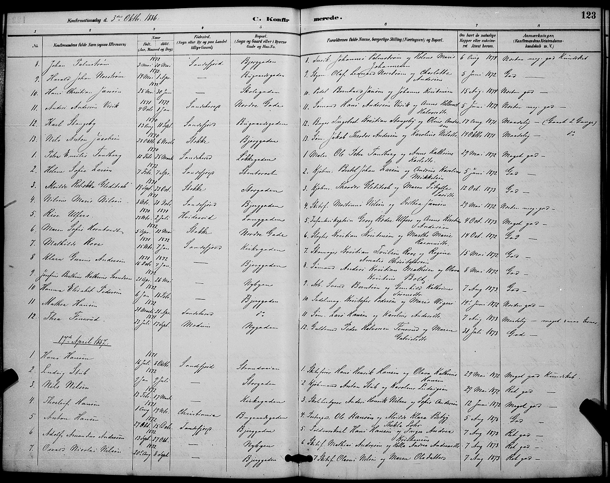Sandefjord kirkebøker, SAKO/A-315/G/Ga/L0001: Parish register (copy) no. 1, 1885-1903, p. 123