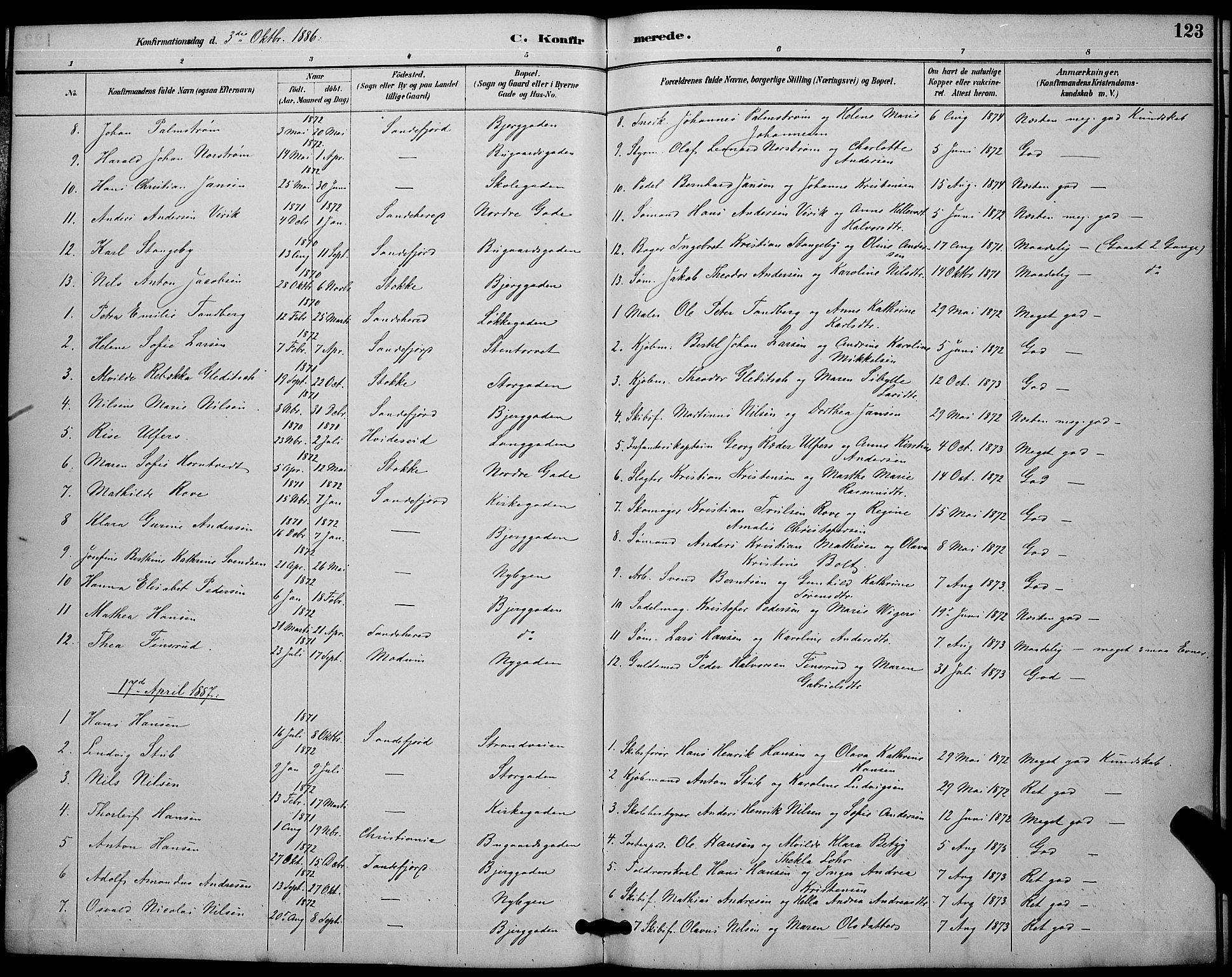 Sandefjord kirkebøker, AV/SAKO-A-315/G/Ga/L0001: Parish register (copy) no. 1, 1885-1903, p. 123