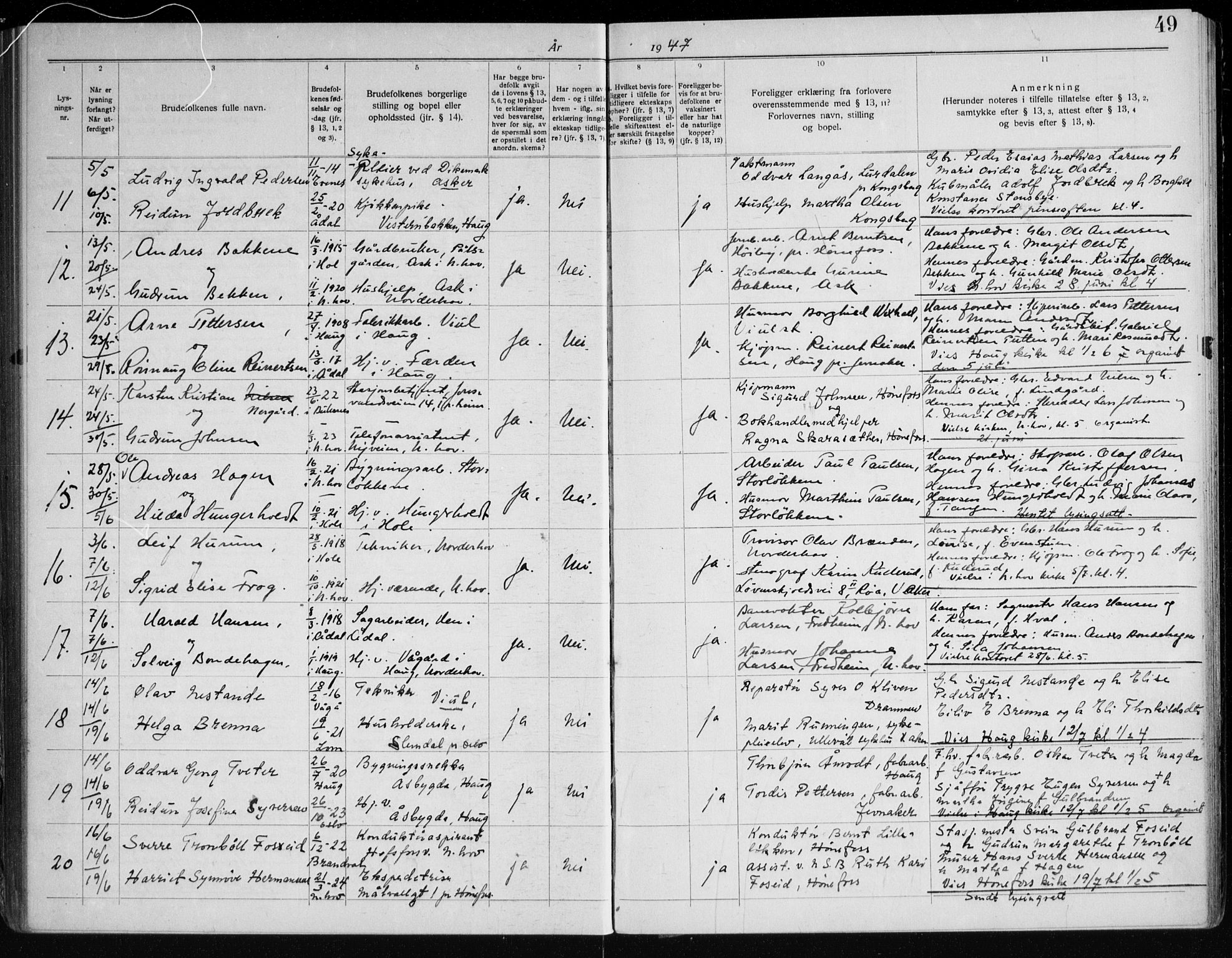Norderhov kirkebøker, AV/SAKO-A-237/H/Ha/L0005: Banns register no. 5, 1938-1954, p. 49