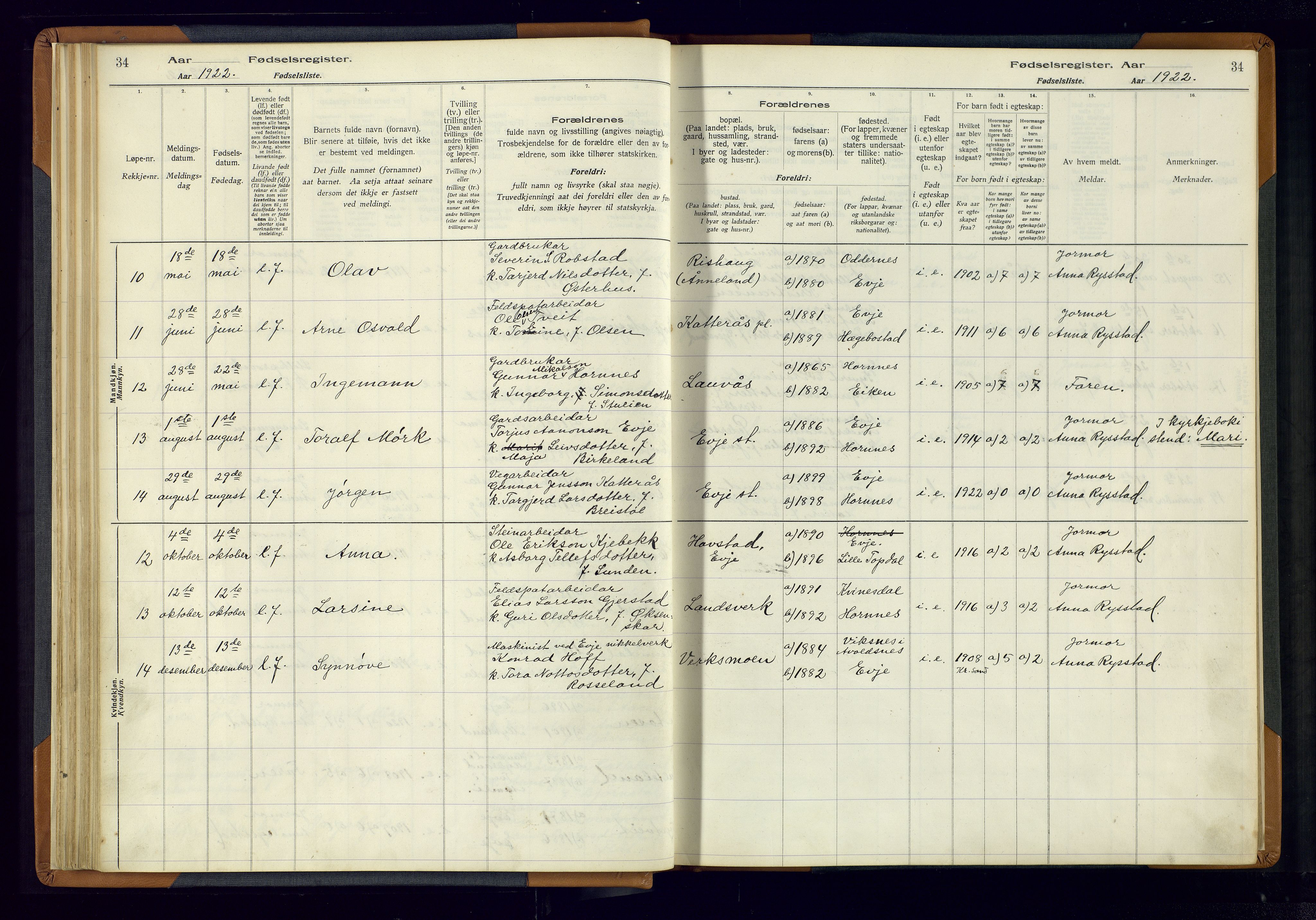 Evje sokneprestkontor, AV/SAK-1111-0008/J/Jc/L0004: Birth register no. 4, 1916-1968, p. 34