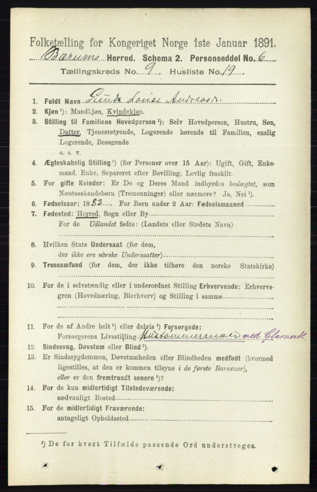 RA, 1891 census for 0219 Bærum, 1891, p. 5285