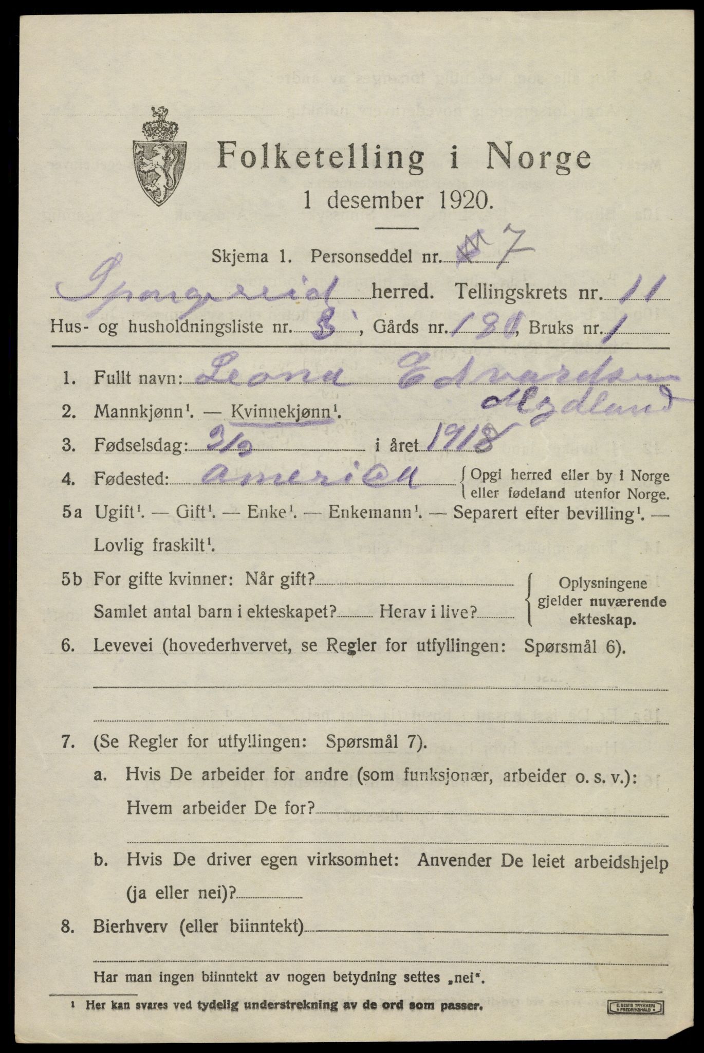 SAK, 1920 census for Spangereid, 1920, p. 3685