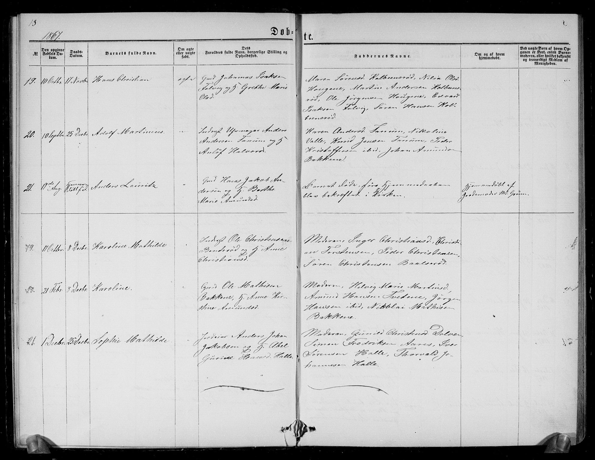 Brunlanes kirkebøker, SAKO/A-342/G/Ga/L0002: Parish register (copy) no. I 2, 1866-1876, p. 13