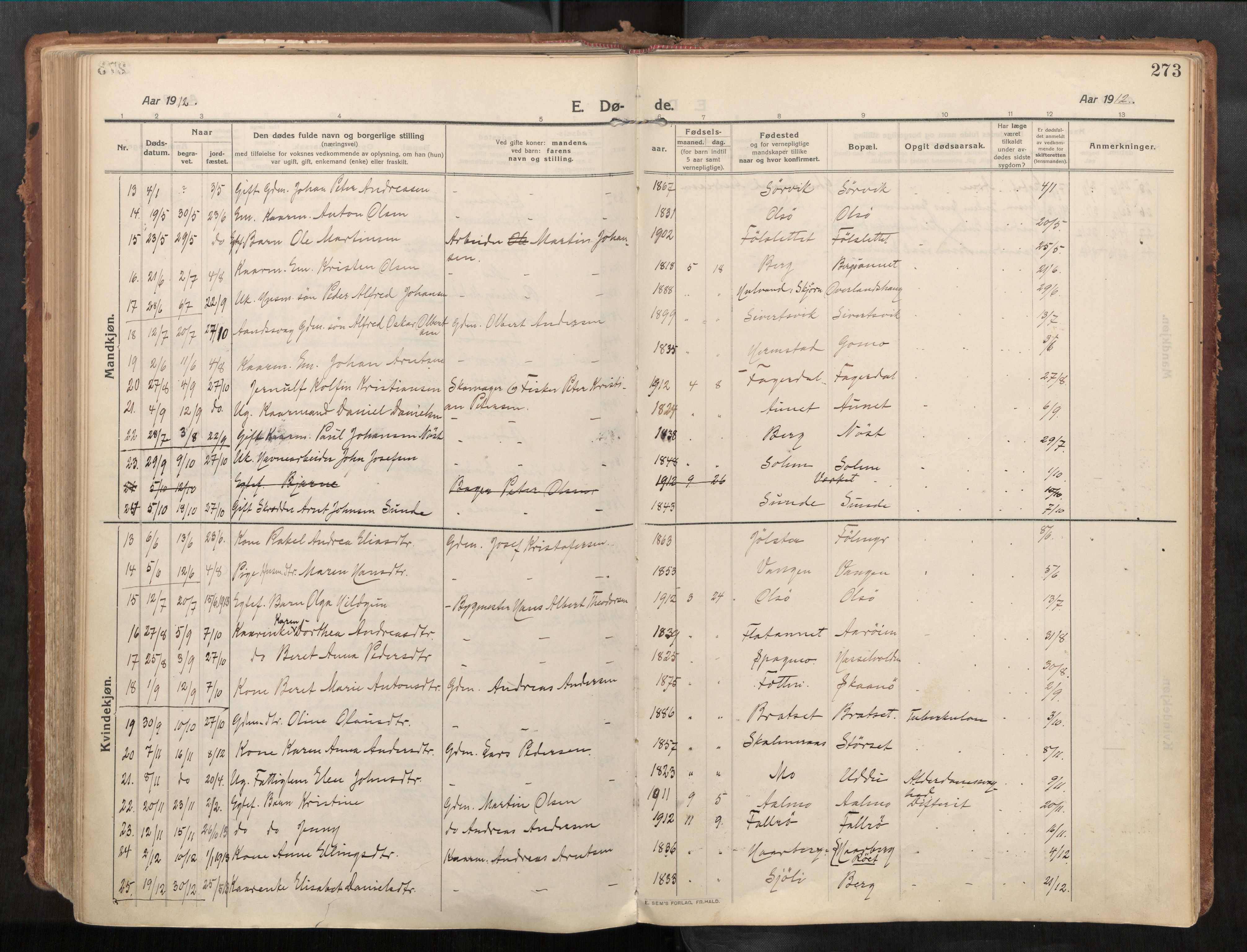 Stadsbygd sokneprestkontor, SAT/A-1117/1/I/I1/I1a/L0001: Parish register (official) no. 1, 1911-1929, p. 273