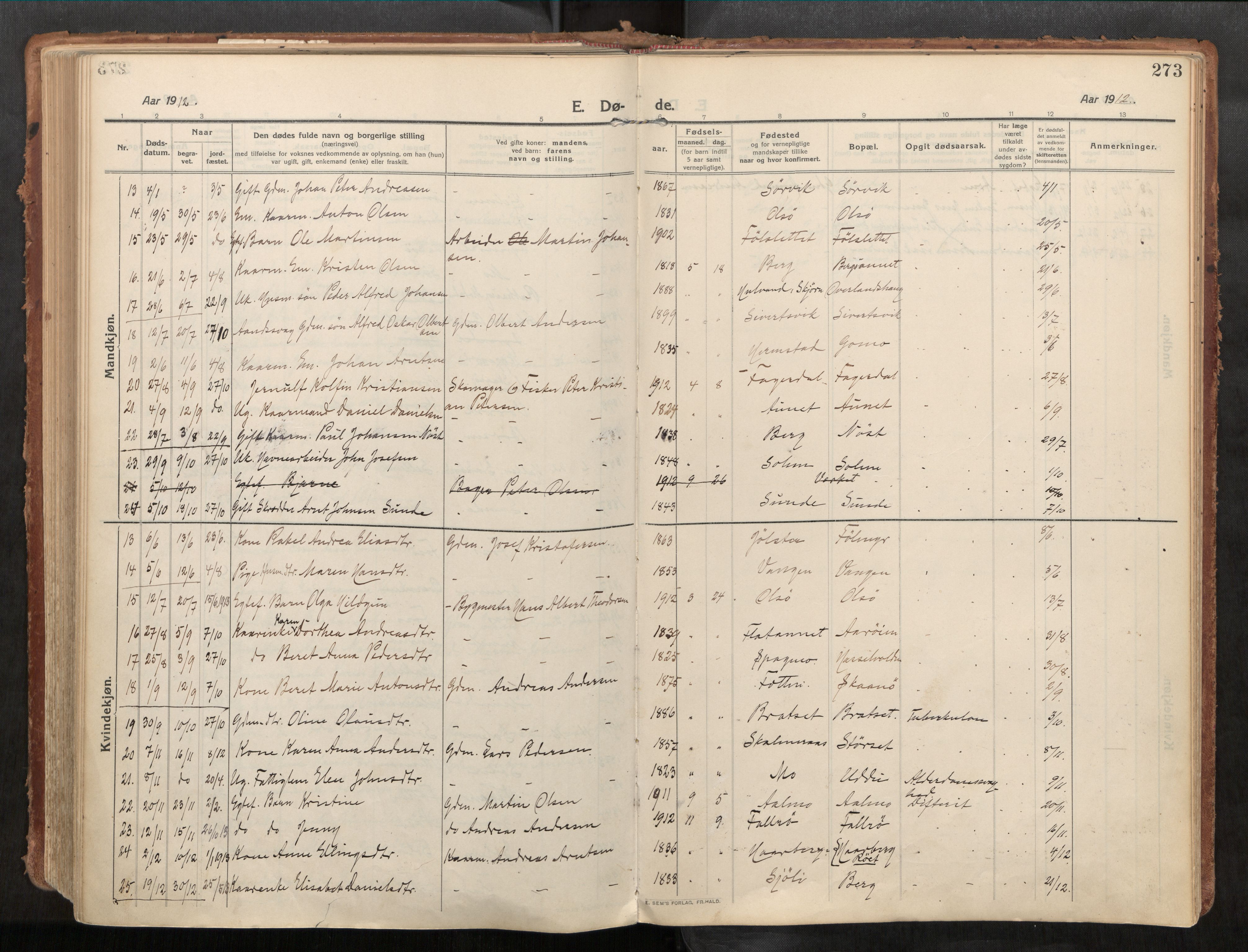 Stadsbygd sokneprestkontor, AV/SAT-A-1117/1/I/I1/I1a/L0001: Parish register (official) no. 1, 1911-1929, p. 273