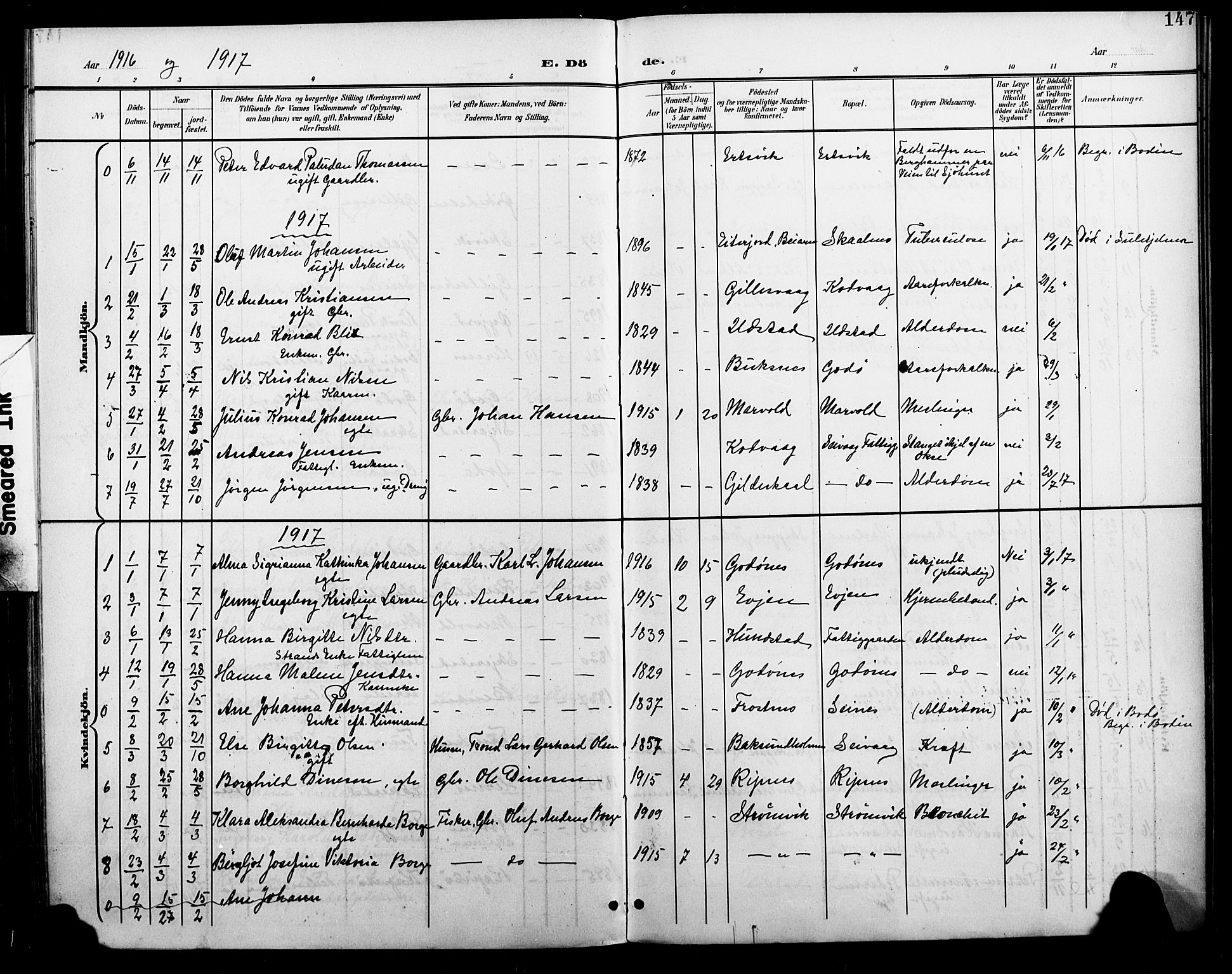 Ministerialprotokoller, klokkerbøker og fødselsregistre - Nordland, SAT/A-1459/804/L0088: Parish register (copy) no. 804C01, 1901-1917, p. 147