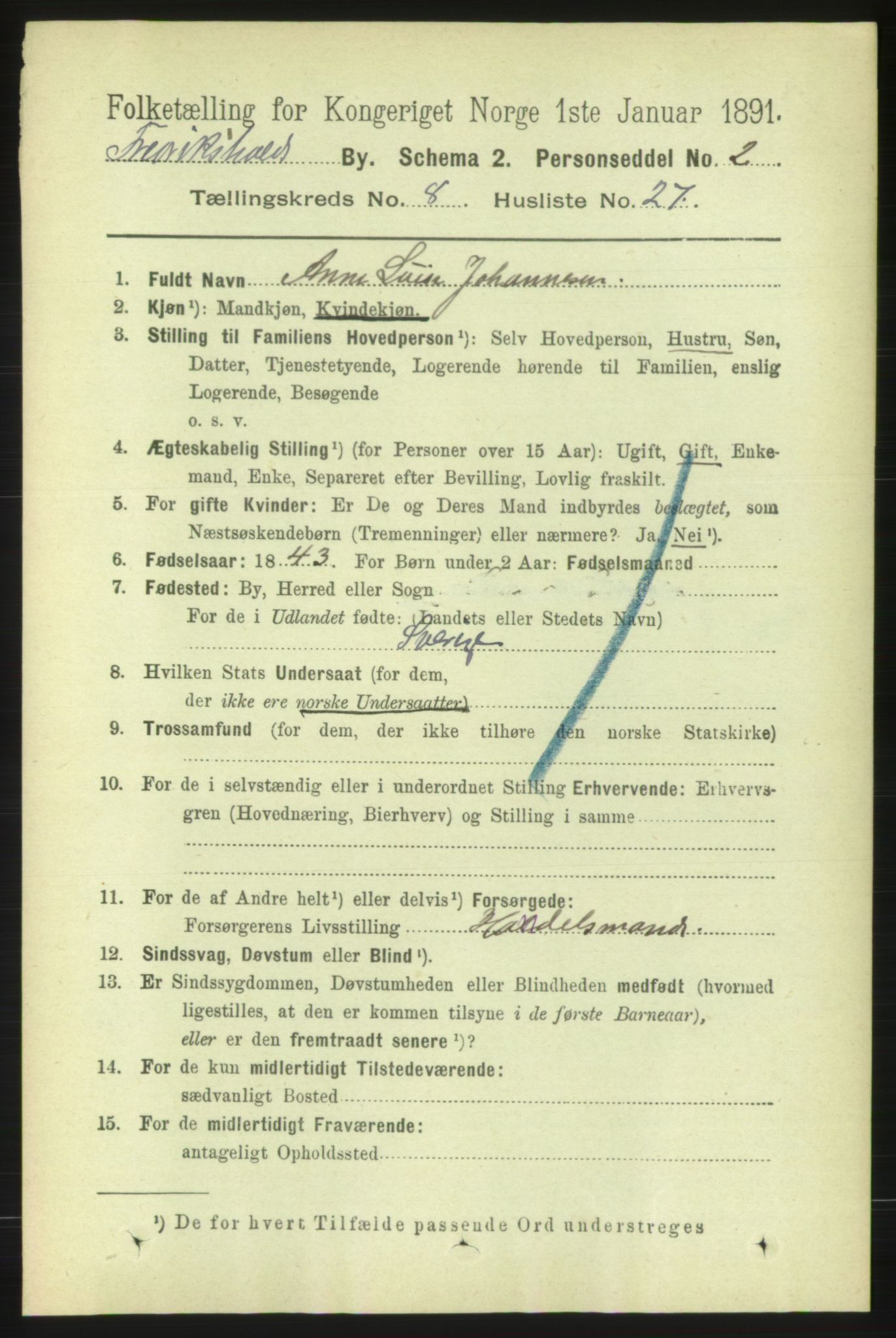 RA, 1891 census for 0101 Fredrikshald, 1891, p. 5765