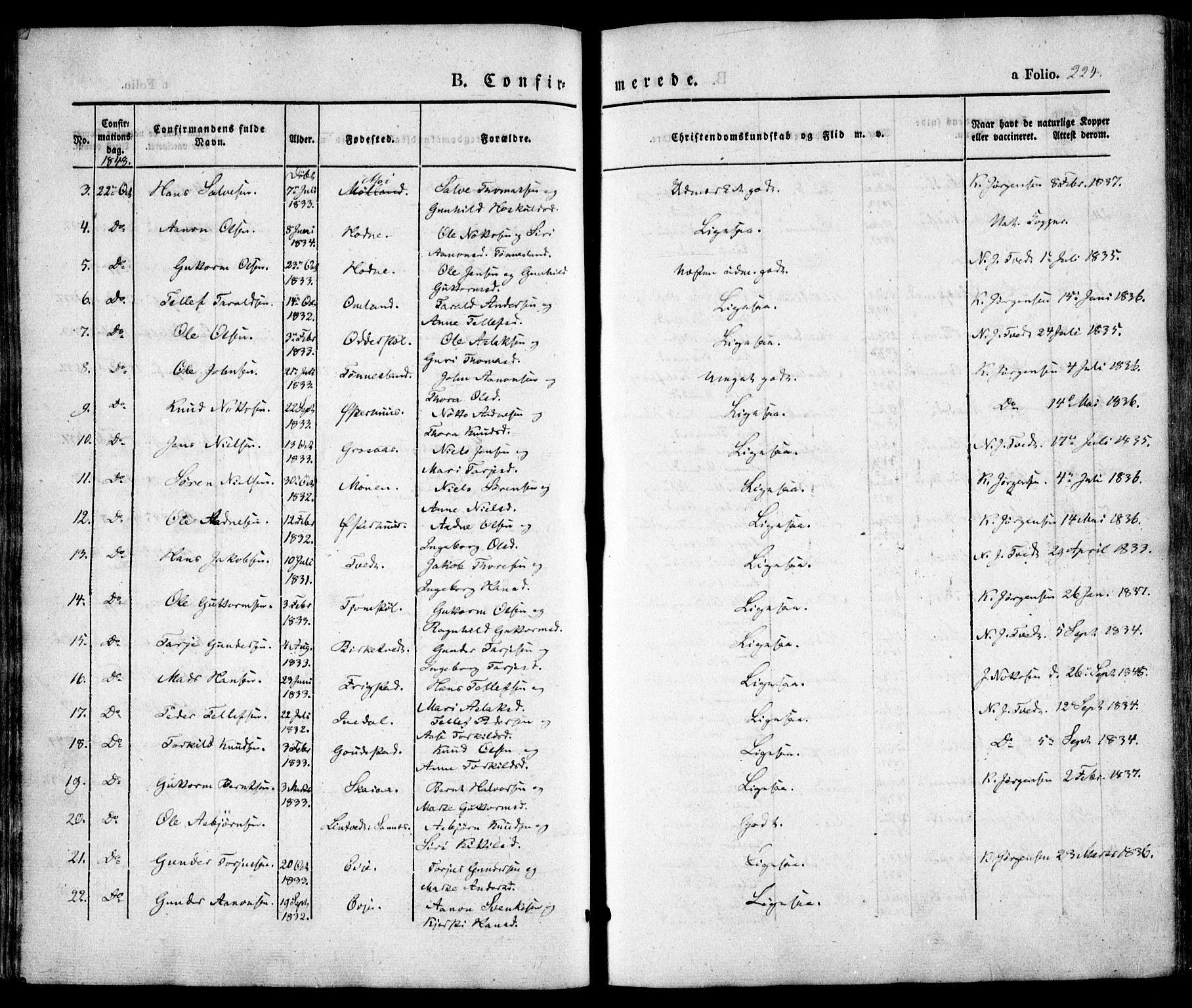 Evje sokneprestkontor, SAK/1111-0008/F/Fa/Faa/L0005: Parish register (official) no. A 5, 1843-1865, p. 224