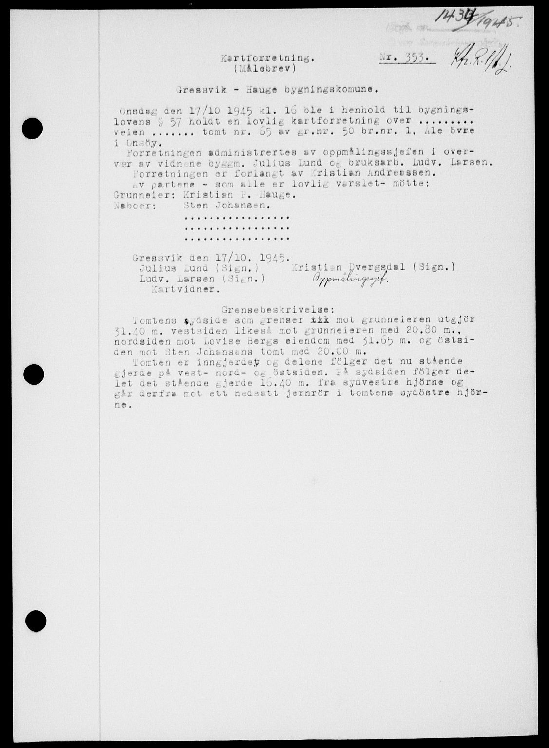 Onsøy sorenskriveri, SAO/A-10474/G/Ga/Gab/L0015: Mortgage book no. II A-15, 1945-1946, Diary no: : 1434/1945