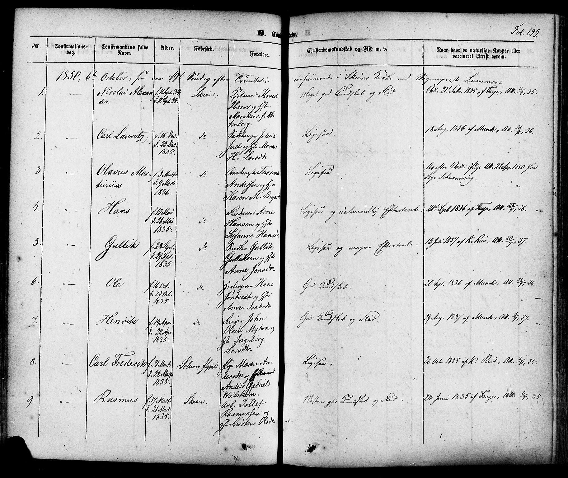 Skien kirkebøker, AV/SAKO-A-302/F/Fa/L0006a: Parish register (official) no. 6A, 1843-1856, p. 199