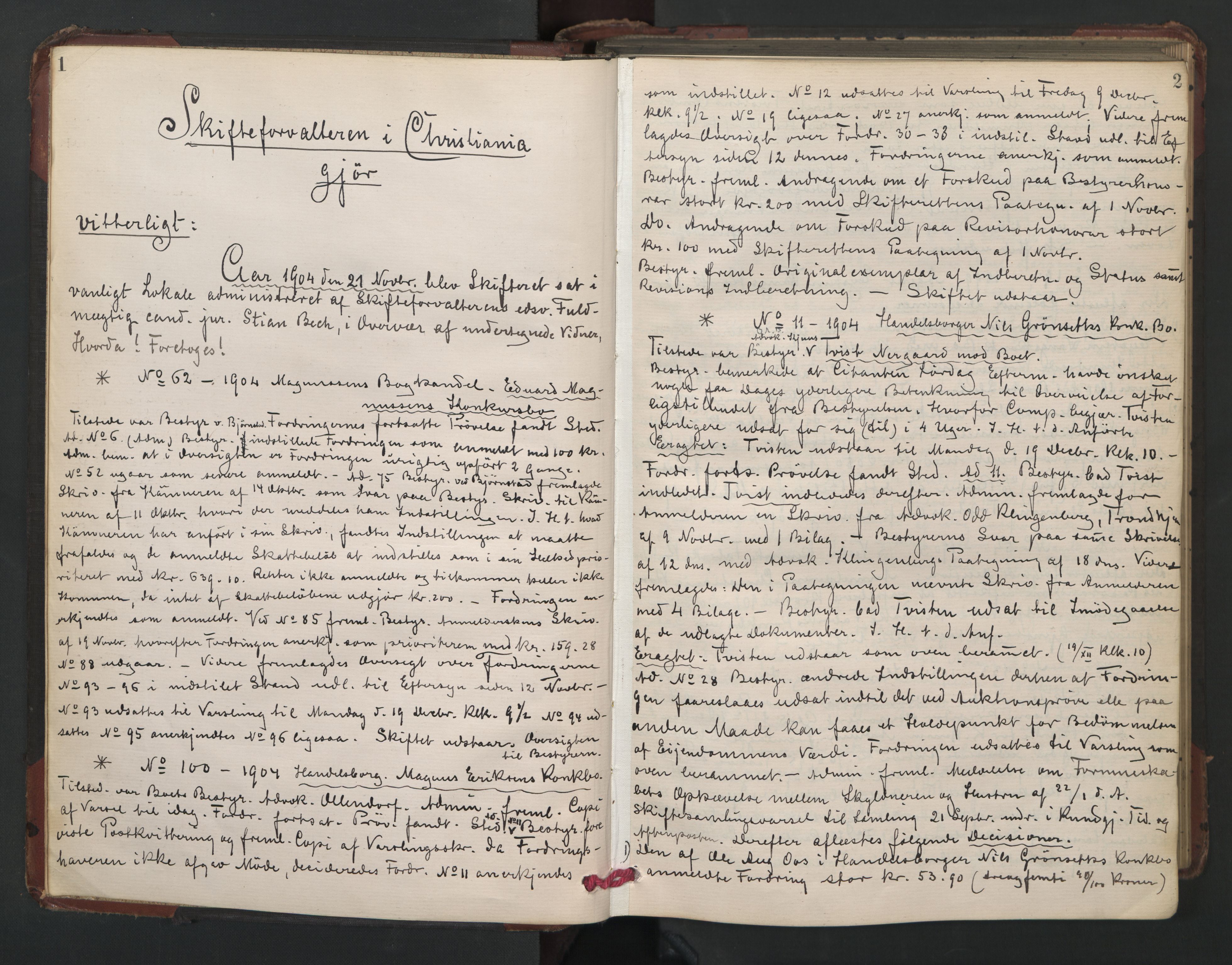 Oslo skifterett, AV/SAO-A-10383/H/Hc/Hcd/L0012: Skifteforhandlingsprotokoll, 1904-1907, p. 1-2