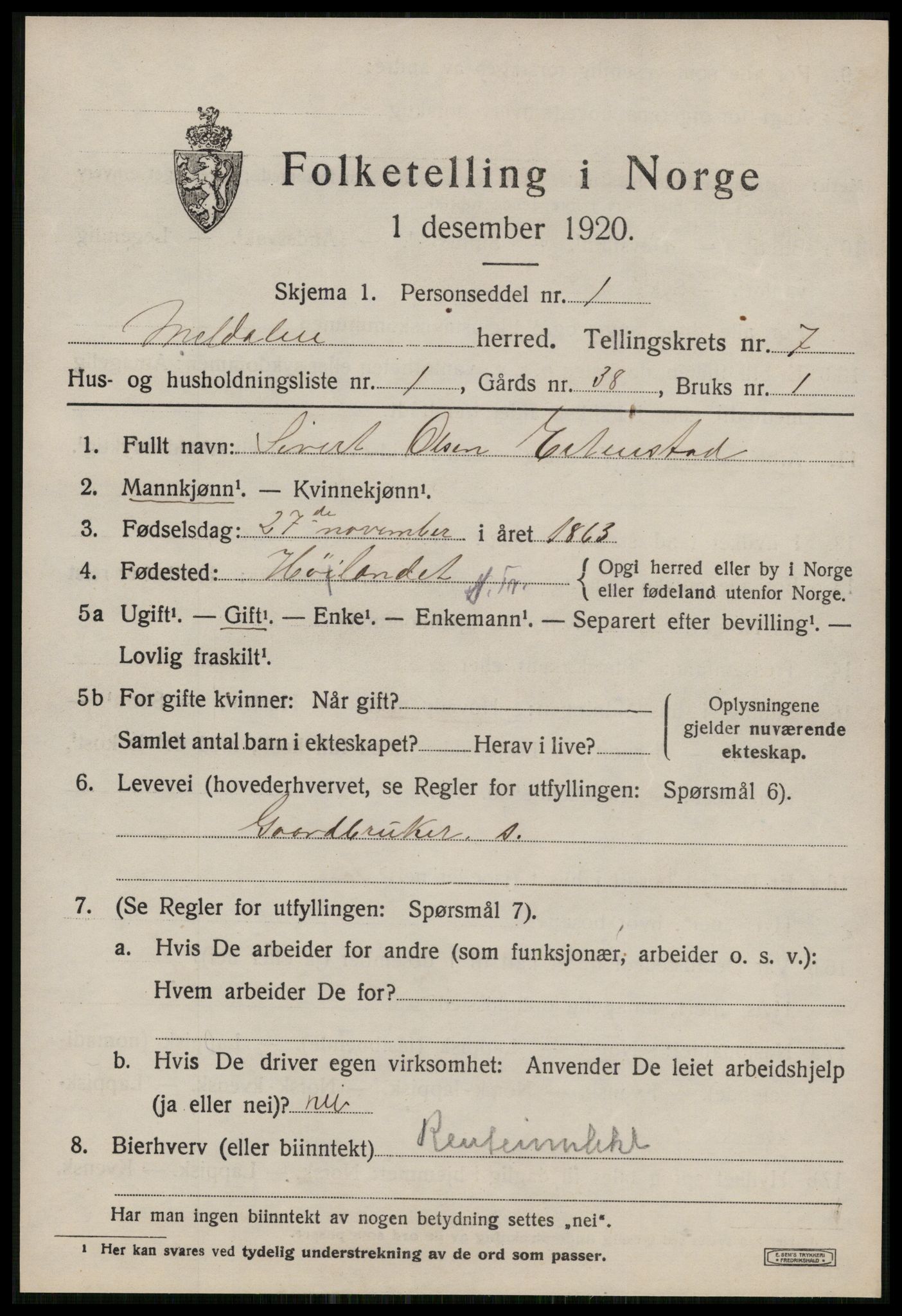 SAT, 1920 census for Meldal, 1920, p. 7285