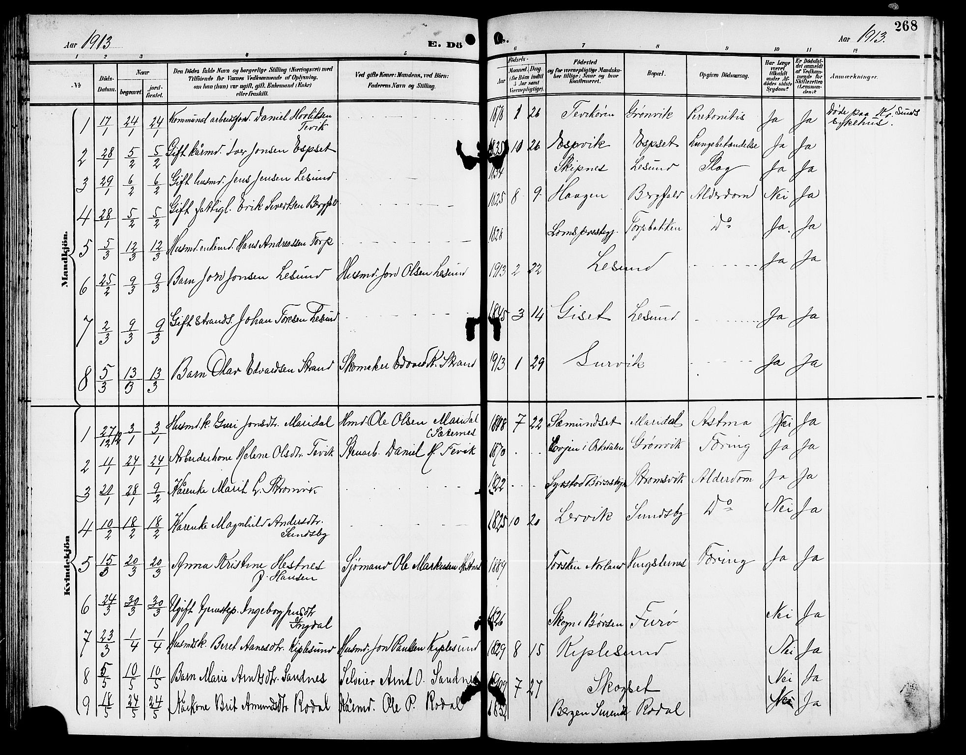 Ministerialprotokoller, klokkerbøker og fødselsregistre - Møre og Romsdal, AV/SAT-A-1454/578/L0910: Parish register (copy) no. 578C03, 1900-1921, p. 268