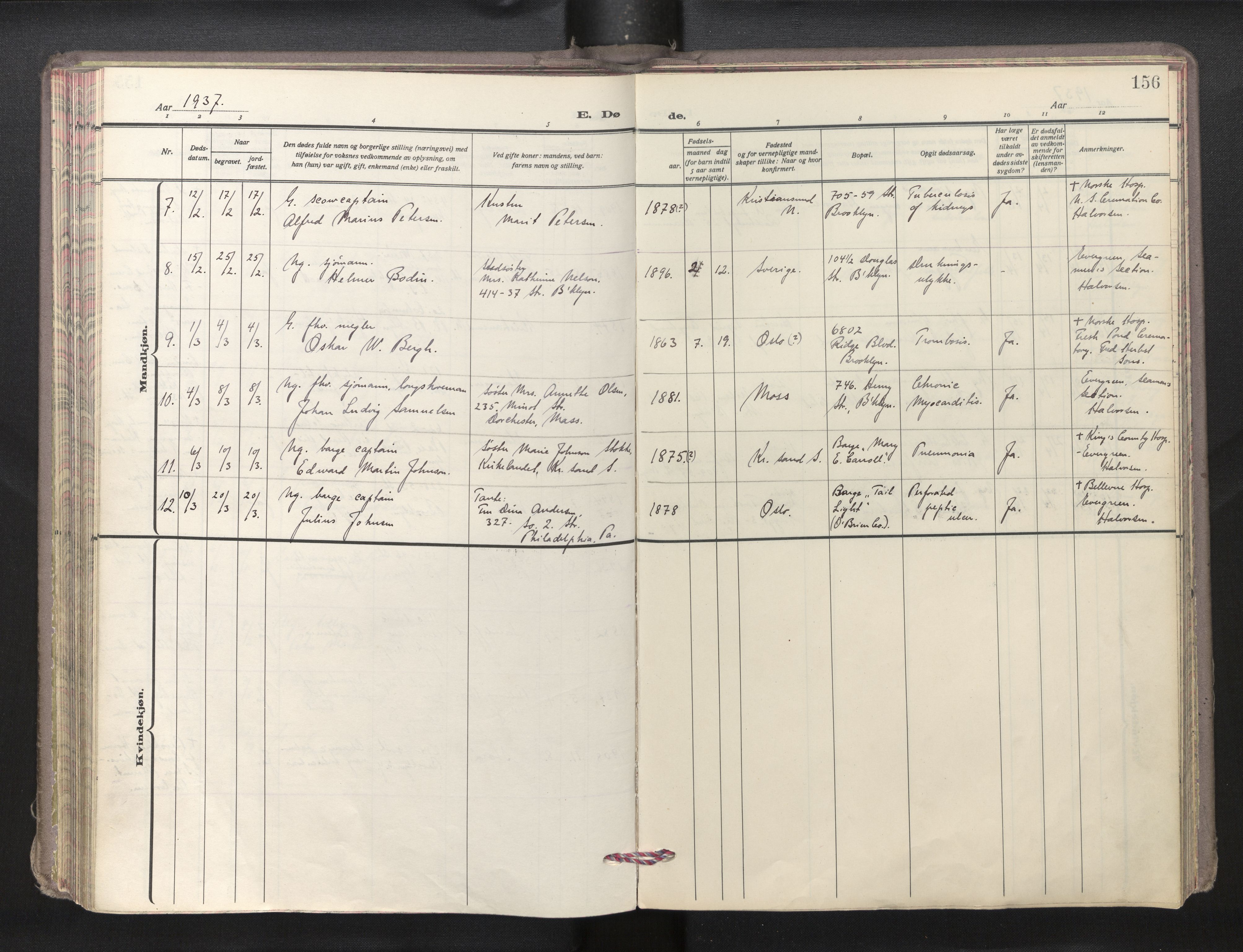 Den norske sjømannsmisjon i utlandet/New York, SAB/SAB/PA-0110/H/Ha/L0009: Parish register (official) no. A 9, 1935-1945, p. 155b-156a