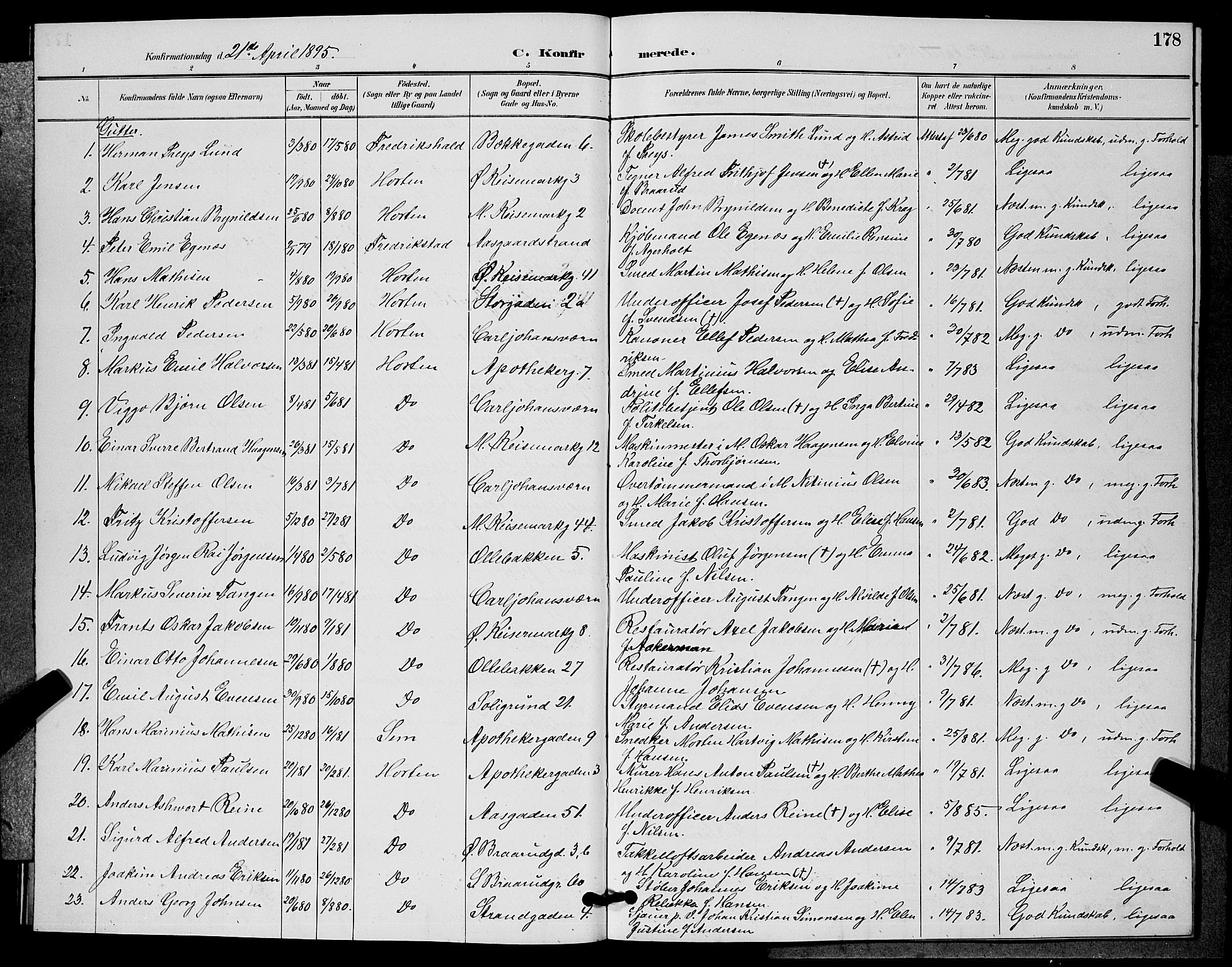 Horten kirkebøker, AV/SAKO-A-348/G/Ga/L0005: Parish register (copy) no. 5, 1888-1895, p. 178