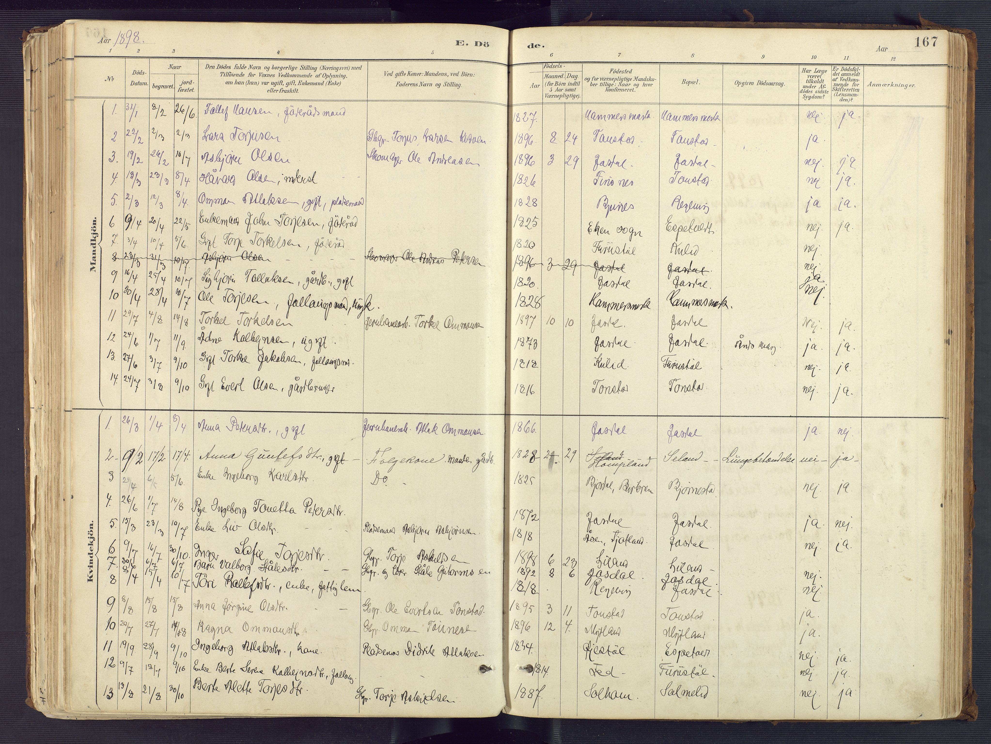 Sirdal sokneprestkontor, AV/SAK-1111-0036/F/Fa/Fab/L0004: Parish register (official) no. A 4, 1887-1919, p. 167