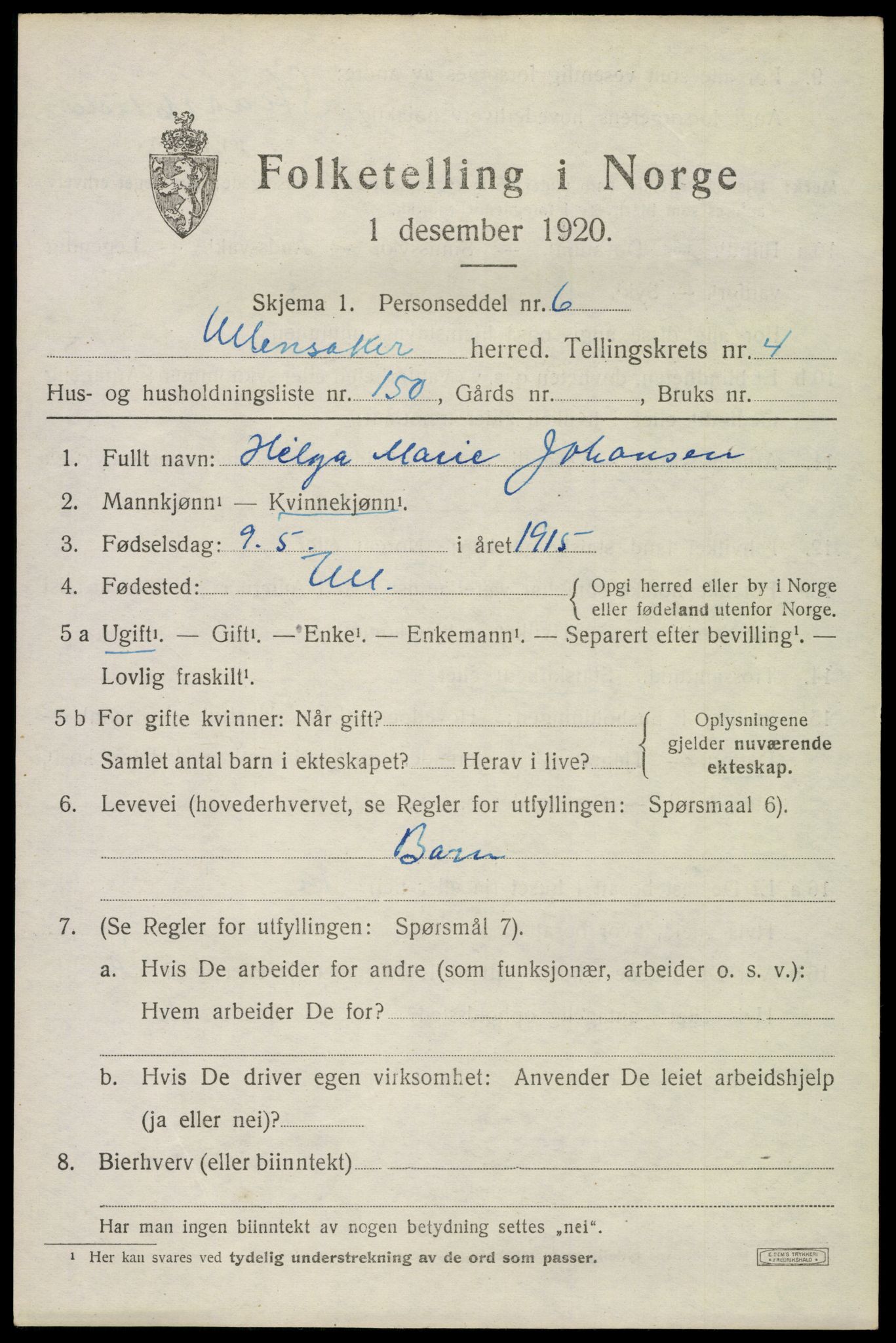 SAO, 1920 census for Ullensaker, 1920, p. 9035