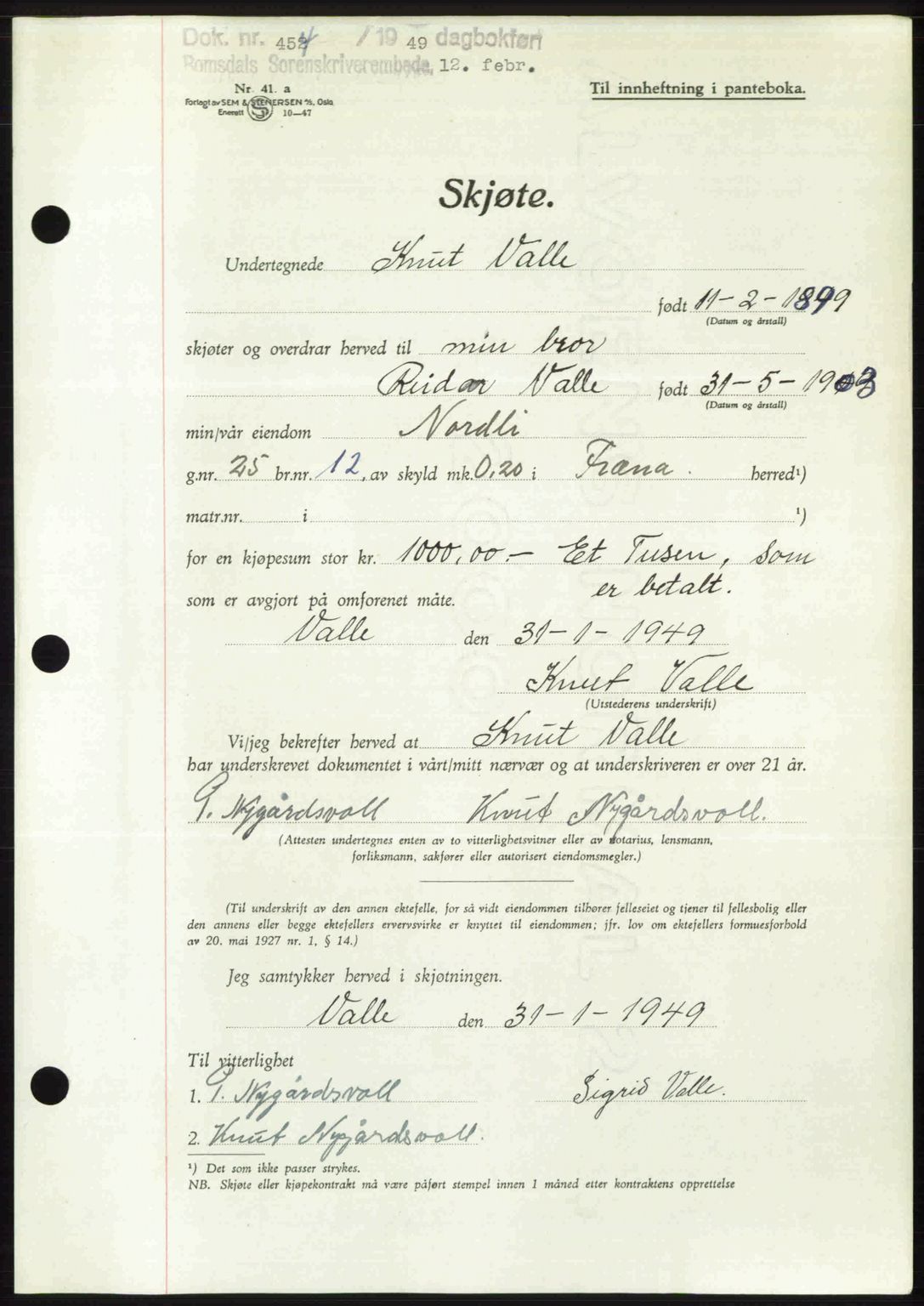 Romsdal sorenskriveri, AV/SAT-A-4149/1/2/2C: Mortgage book no. A28, 1948-1949, Diary no: : 454/1949