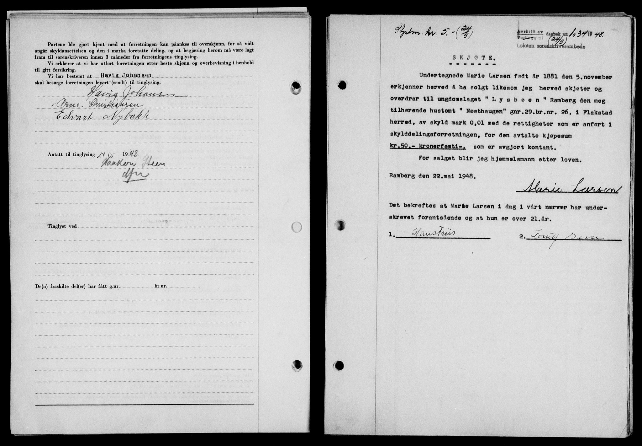 Lofoten sorenskriveri, SAT/A-0017/1/2/2C/L0018a: Mortgage book no. 18a, 1948-1948, Diary no: : 1034/1948