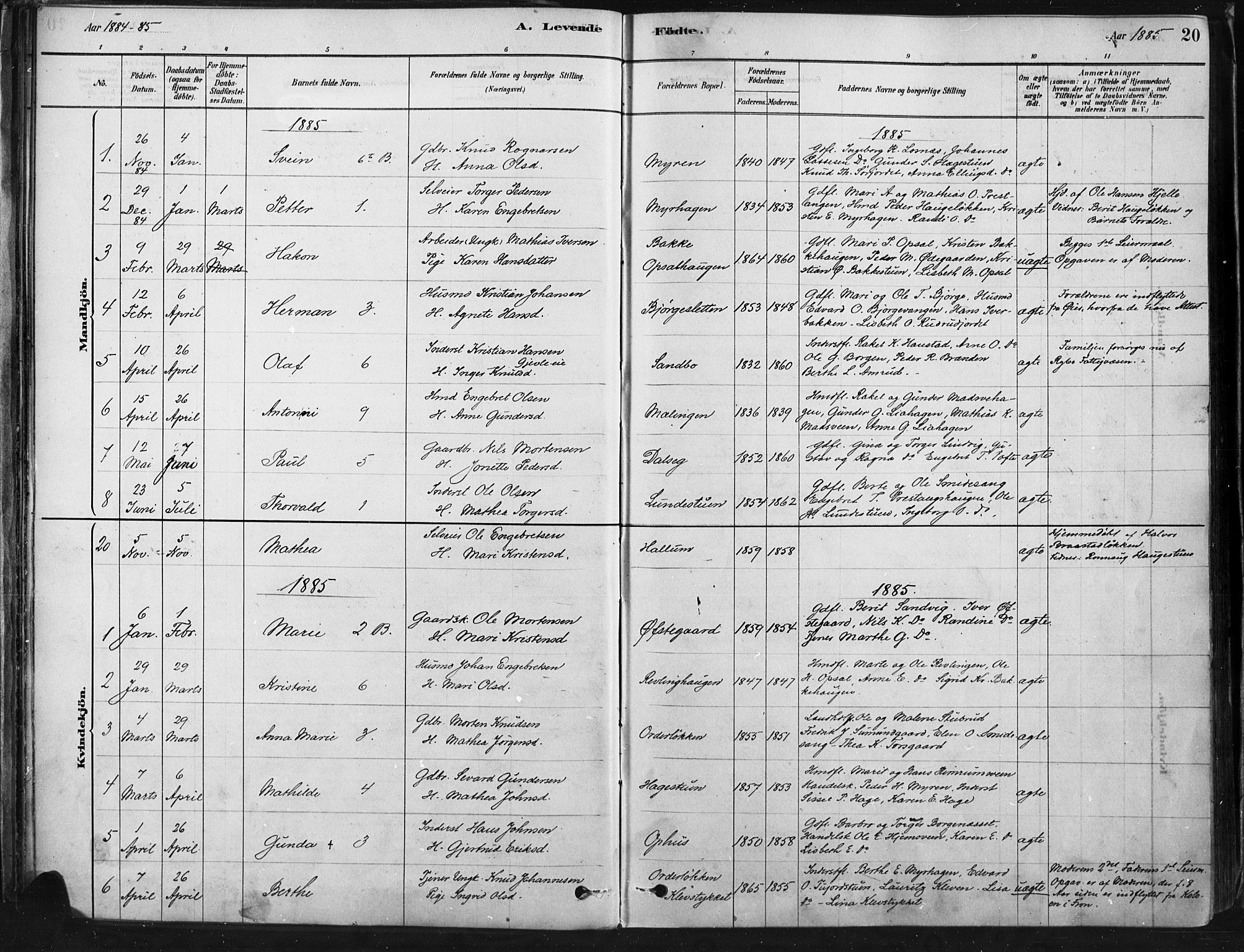Ringebu prestekontor, SAH/PREST-082/H/Ha/Haa/L0009: Parish register (official) no. 9, 1878-1898, p. 20