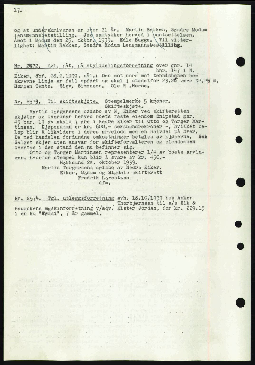 Eiker, Modum og Sigdal sorenskriveri, SAKO/A-123/G/Ga/Gab/L0041: Mortgage book no. A11, 1939-1940, Diary no: : 2572/1939