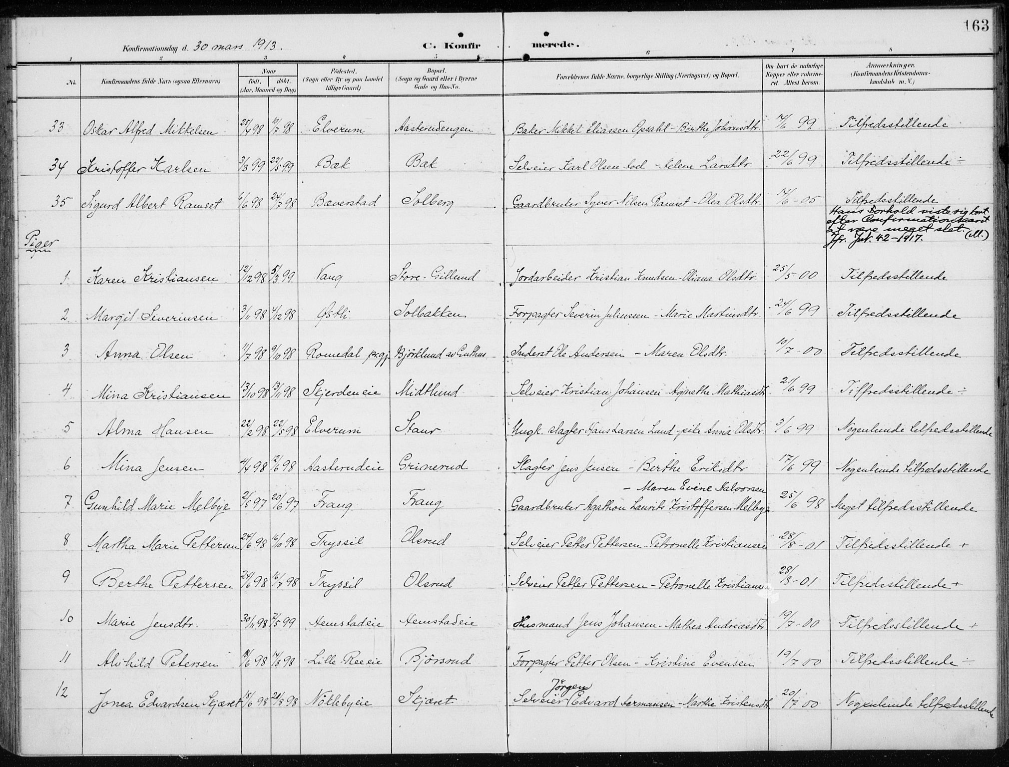 Stange prestekontor, AV/SAH-PREST-002/K/L0024: Parish register (official) no. 24, 1906-1922, p. 163