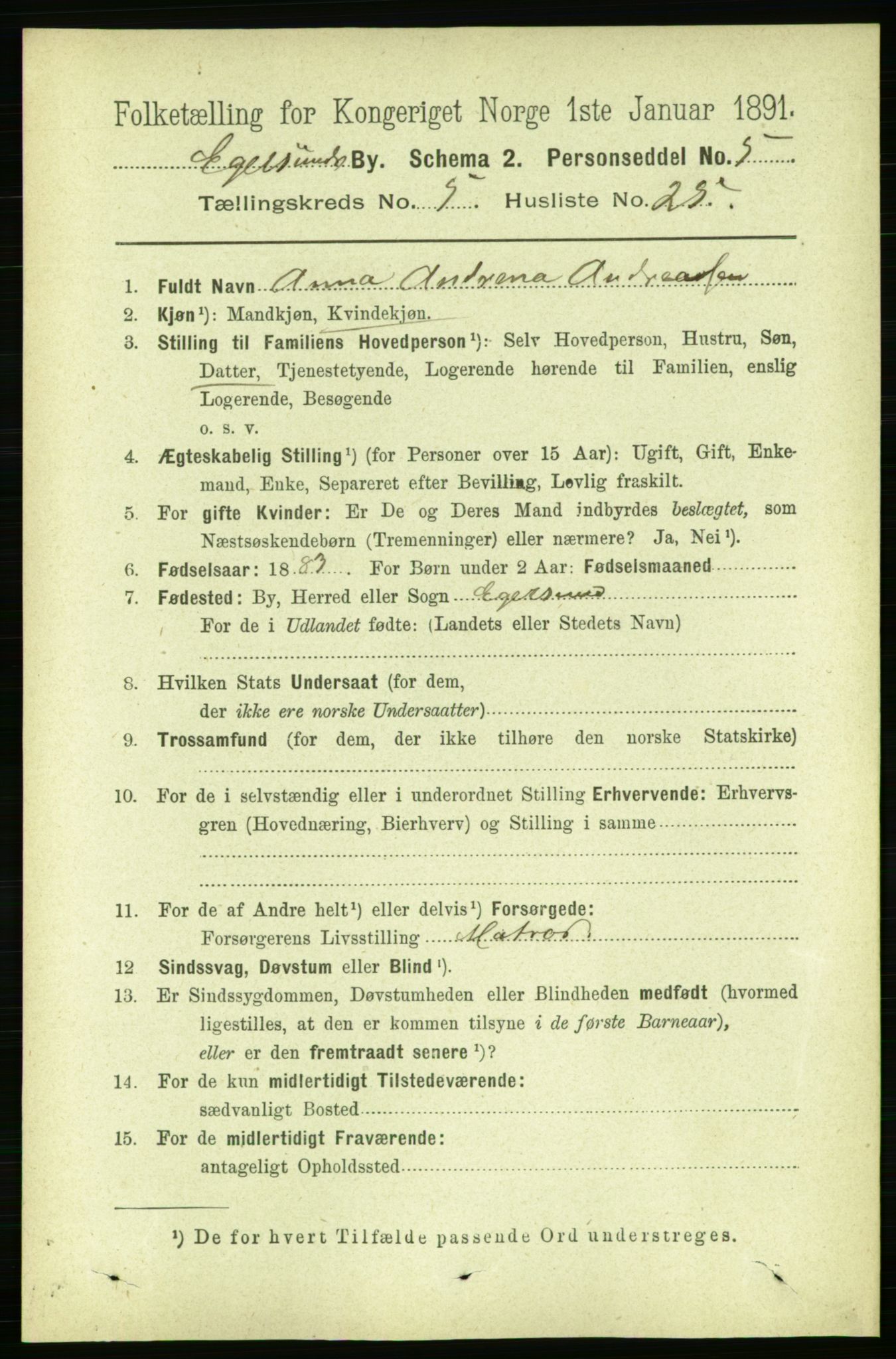 RA, 1891 census for 1101 Egersund, 1891, p. 970