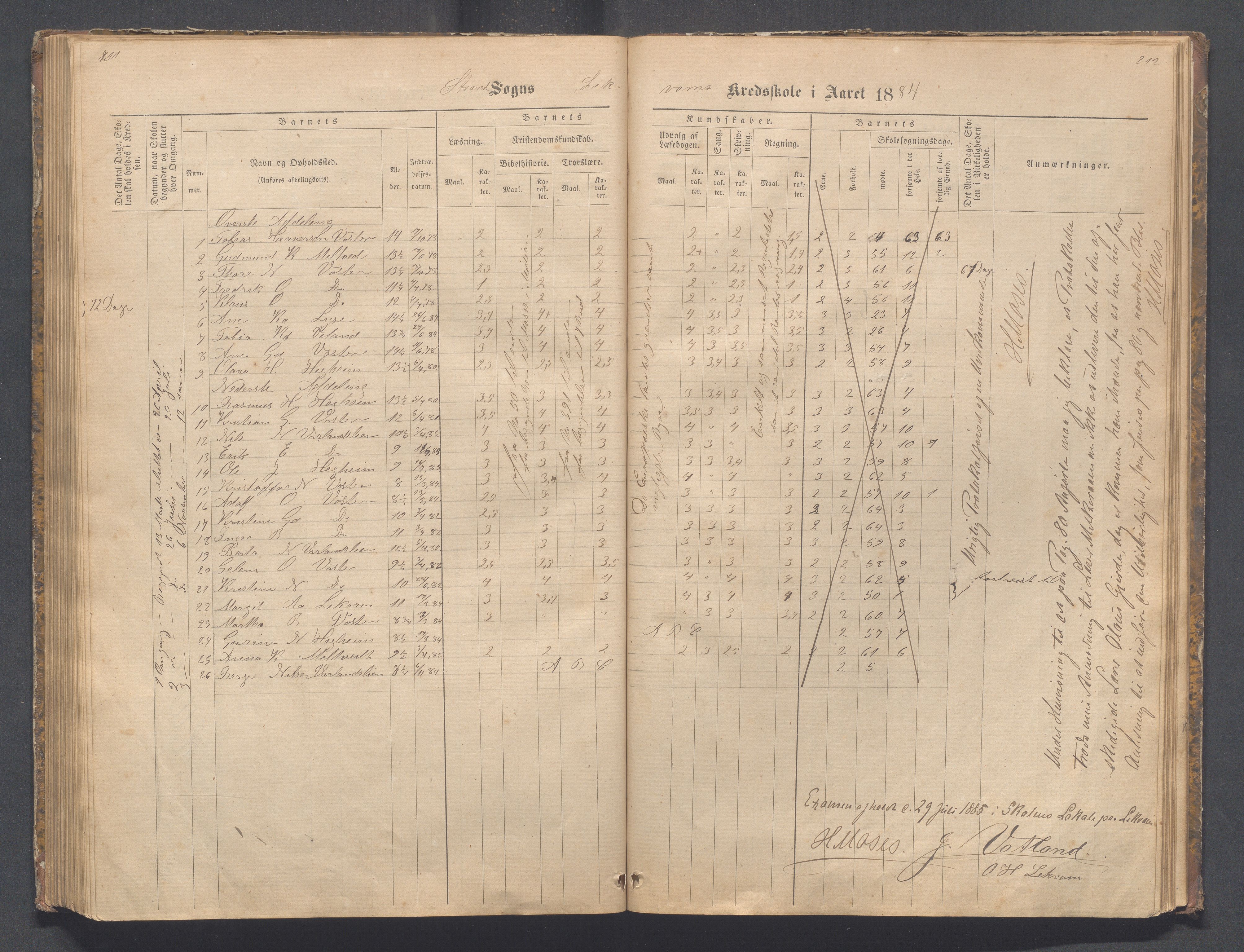 Strand kommune - Bjørheimsbygd skole, IKAR/A-147/H/L0001: Skoleprotokoll for Bjørheimsbygd,Lekvam og Hidle krets, 1873-1884, p. 211-212