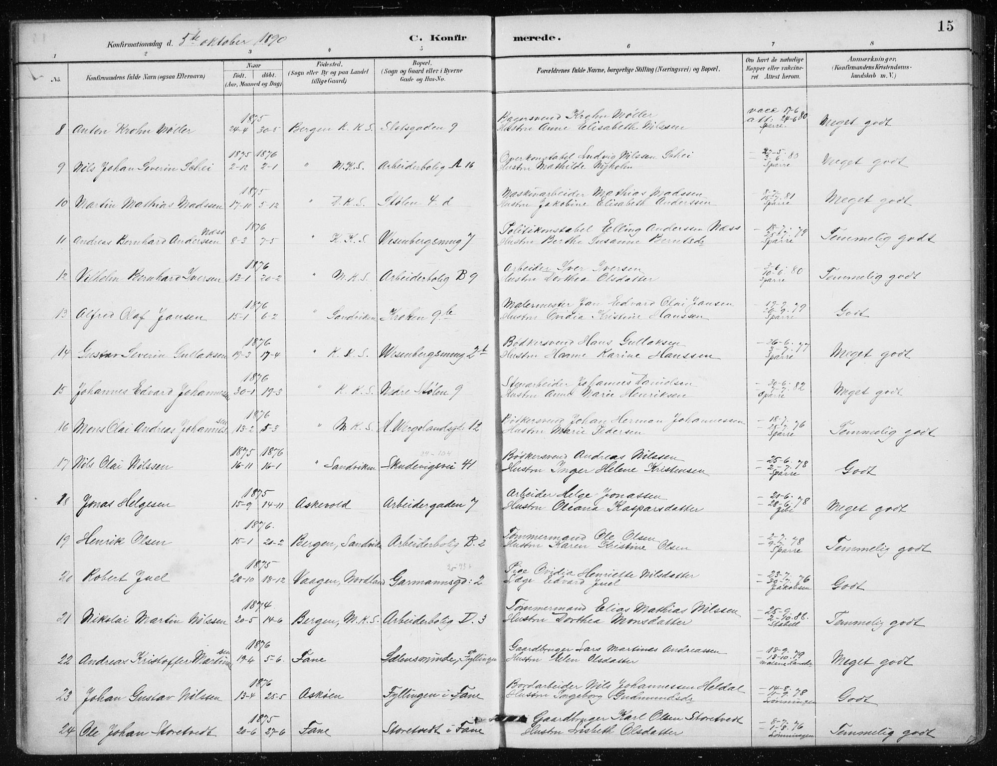 Mariakirken Sokneprestembete, AV/SAB-A-76901/H/Haa/L0013: Parish register (official) no. C 1, 1889-1900, p. 15