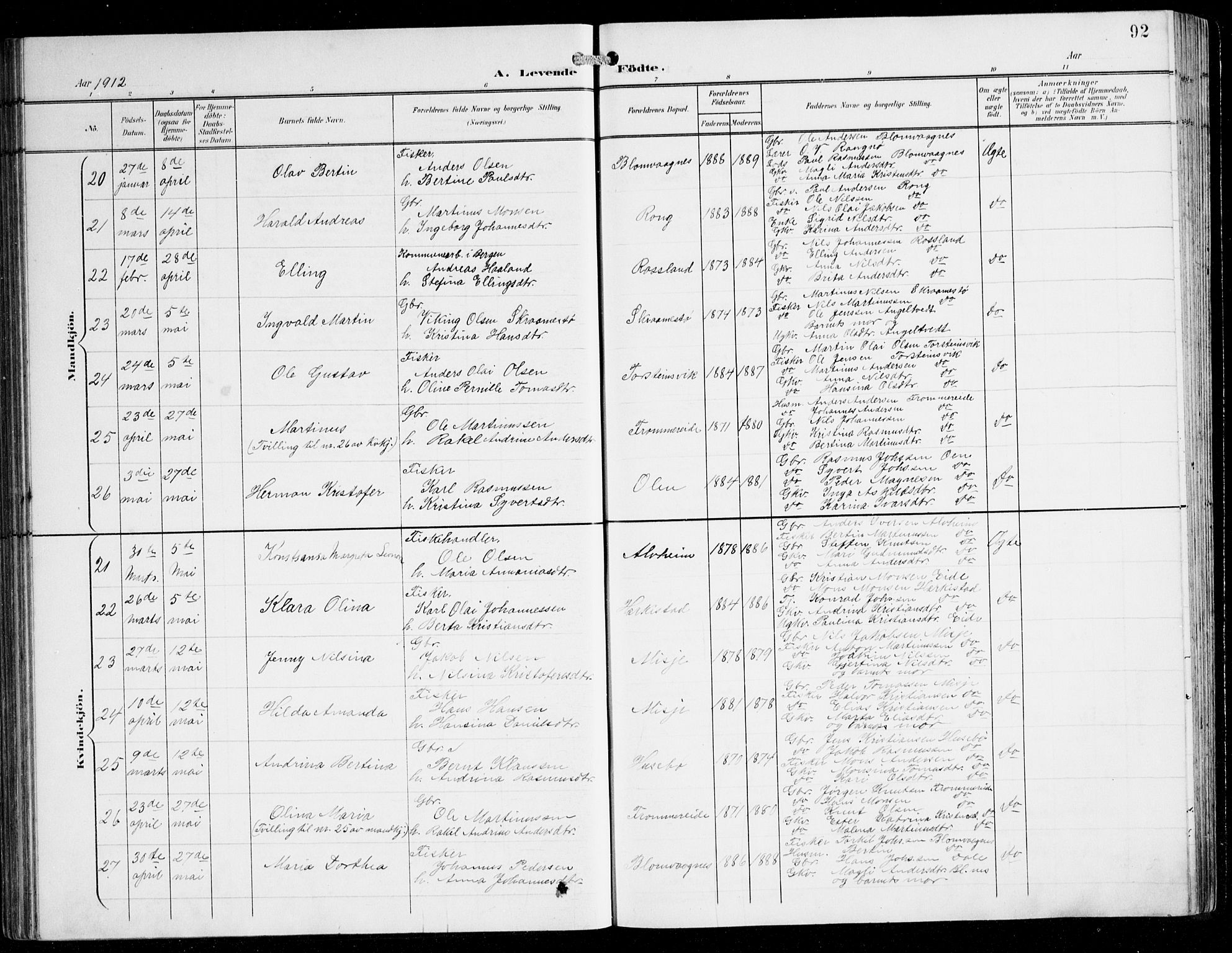 Herdla Sokneprestembete, AV/SAB-A-75701/H/Hab: Parish register (copy) no. C 1, 1900-1913, p. 92