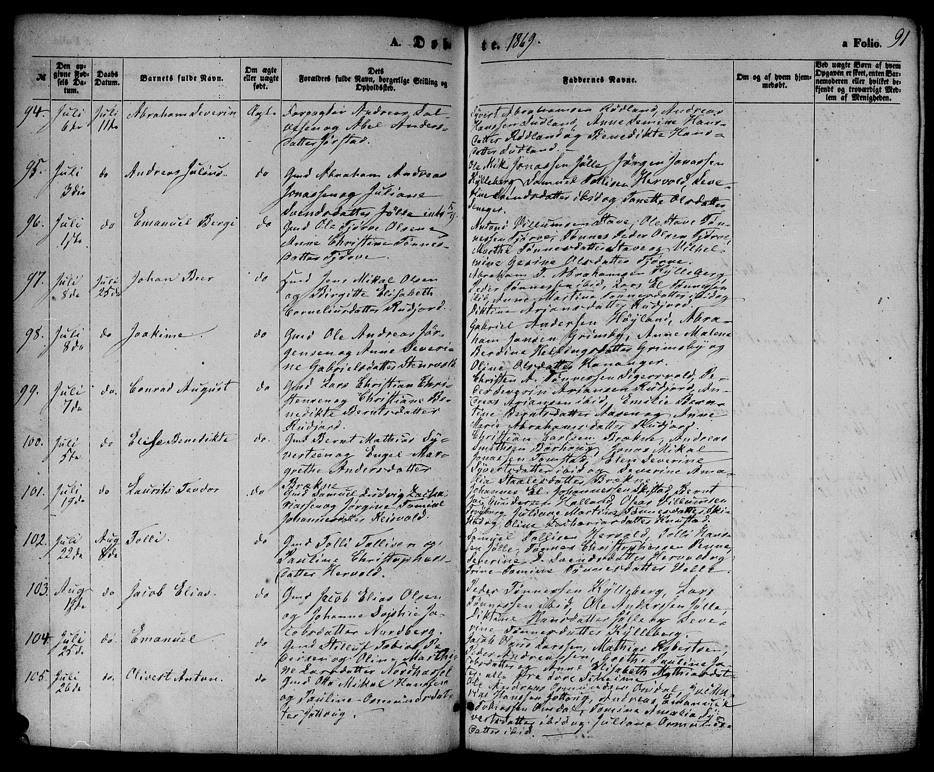 Lista sokneprestkontor, AV/SAK-1111-0027/F/Fb/L0003: Parish register (copy) no. B 3, 1862-1877, p. 91