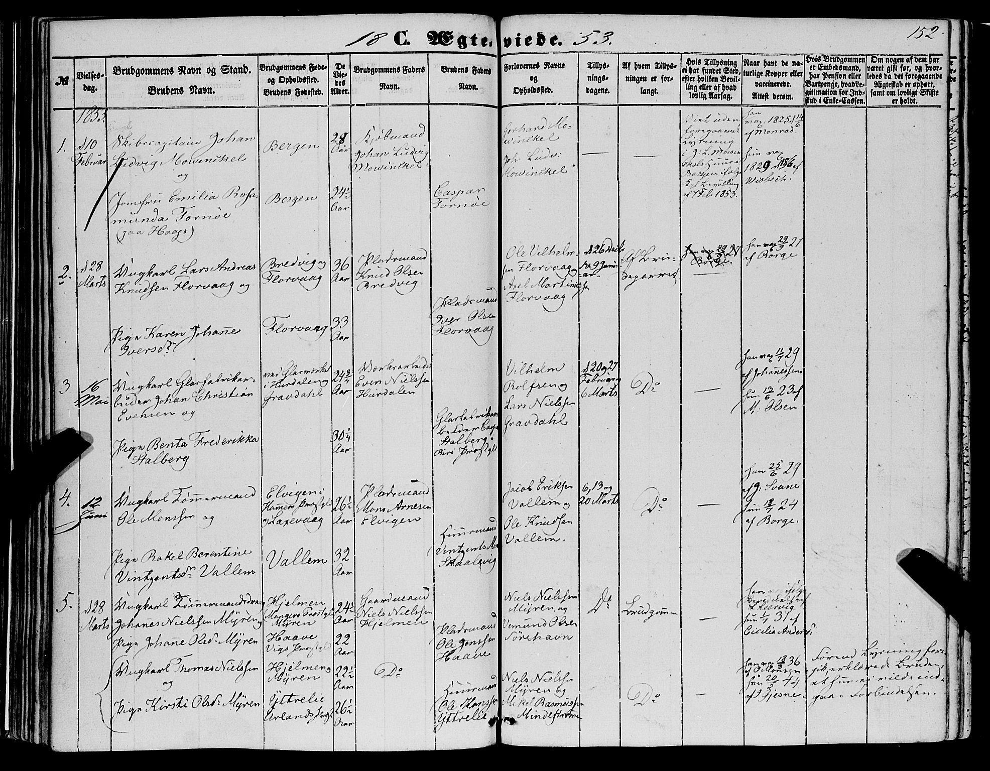 Askøy Sokneprestembete, SAB/A-74101/H/Ha/Haa/Haaa/L0008: Parish register (official) no. A 8, 1852-1862, p. 152