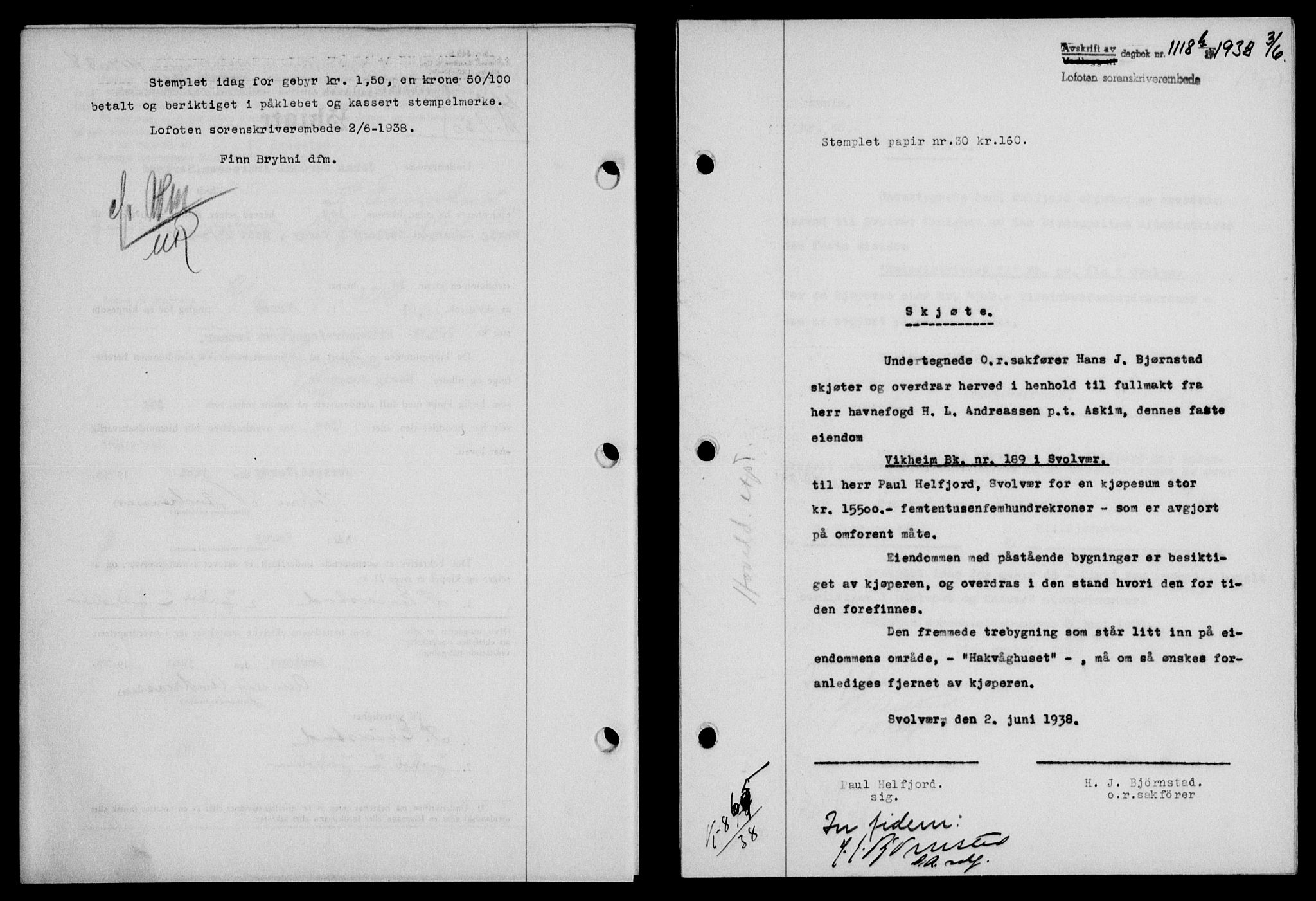 Lofoten sorenskriveri, SAT/A-0017/1/2/2C/L0004a: Mortgage book no. 4a, 1938-1938, Diary no: : 1118/1938