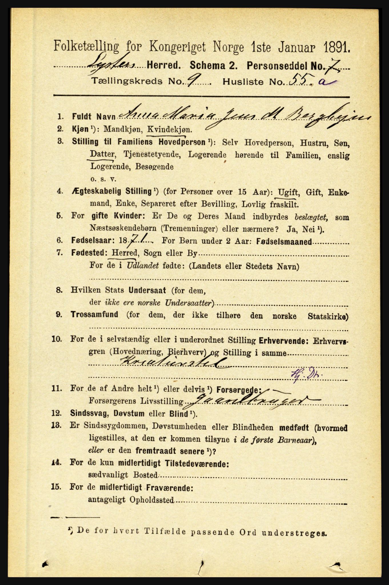 RA, 1891 census for 1426 Luster, 1891, p. 3086