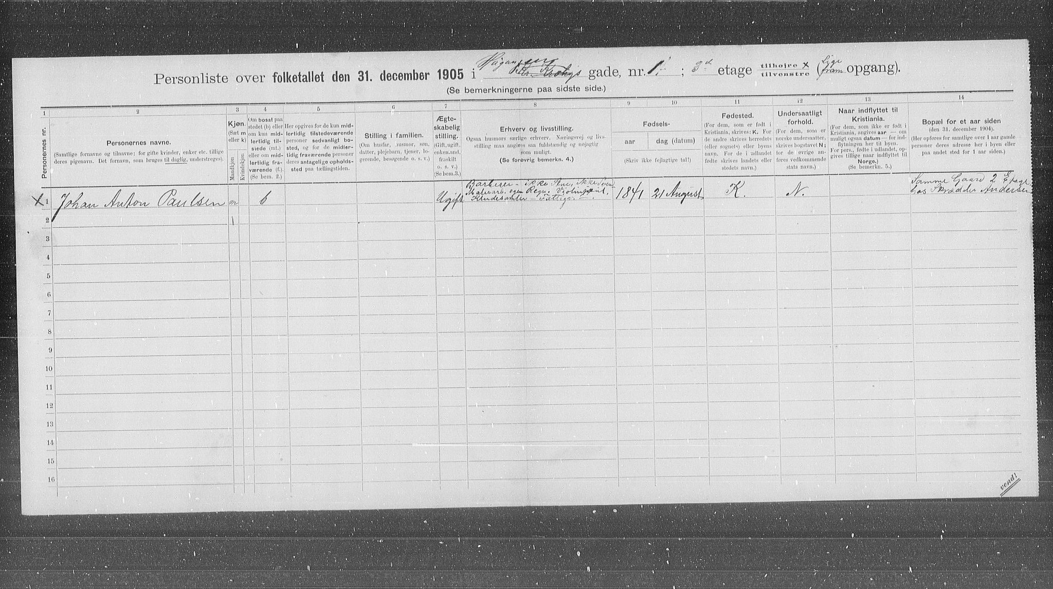 OBA, Municipal Census 1905 for Kristiania, 1905, p. 22519