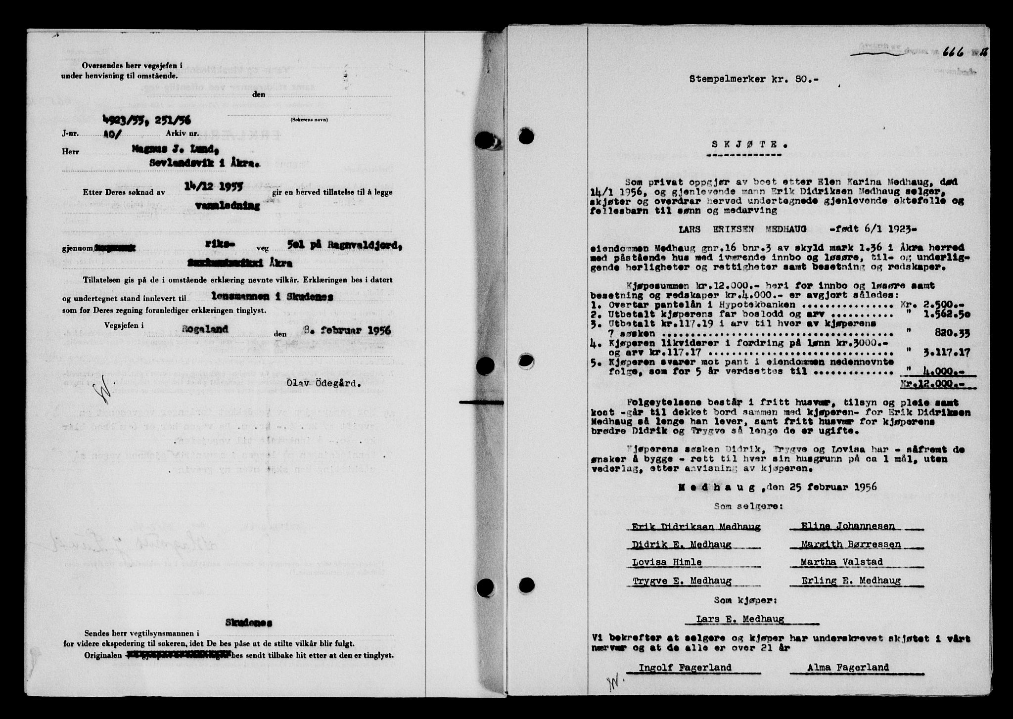 Karmsund sorenskriveri, SAST/A-100311/01/II/IIB/L0118: Mortgage book no. 98A, 1955-1956, Diary no: : 666/1956