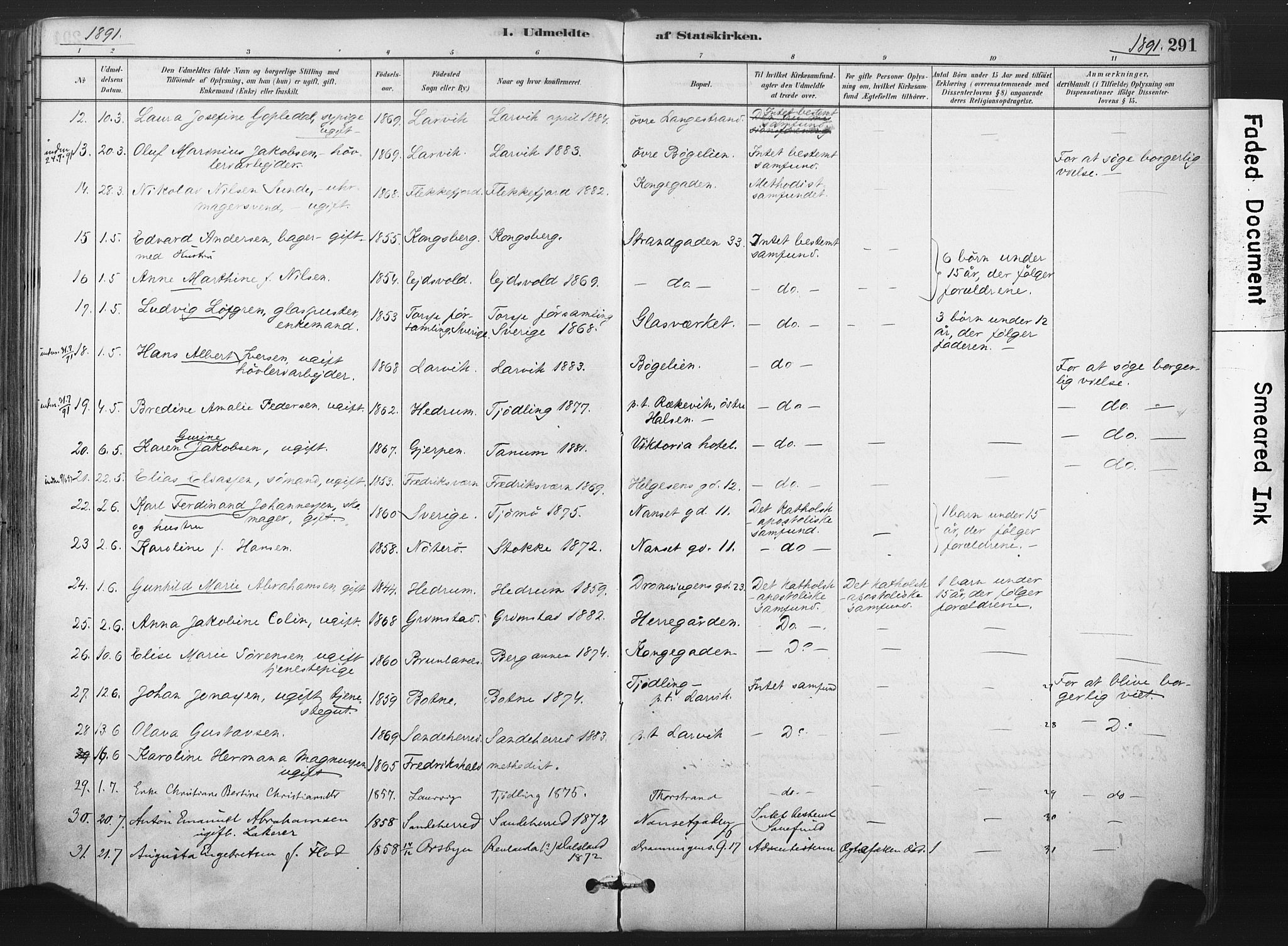 Larvik kirkebøker, SAKO/A-352/F/Fa/L0010: Parish register (official) no. I 10, 1884-1910, p. 291
