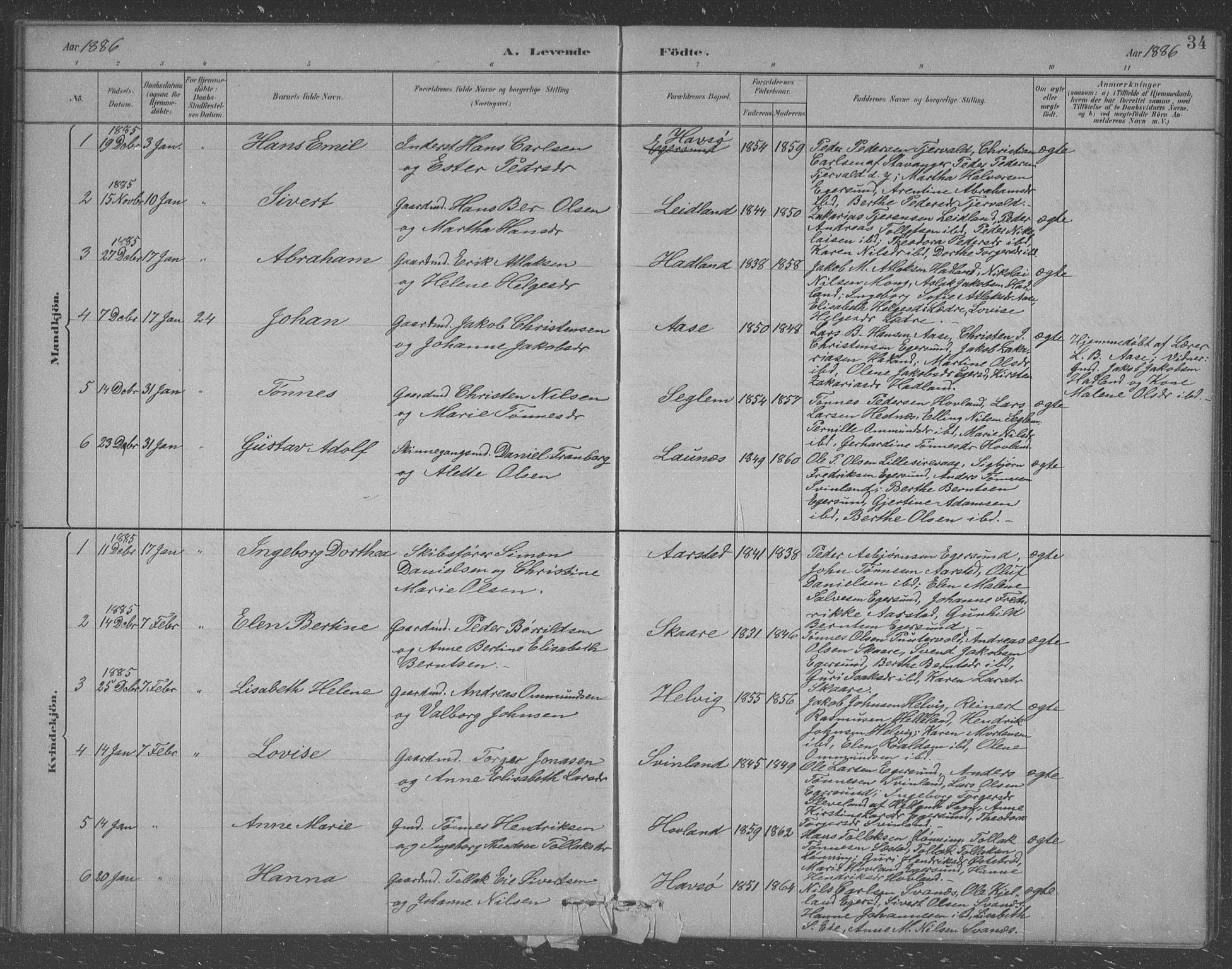 Eigersund sokneprestkontor, AV/SAST-A-101807/S09/L0007: Parish register (copy) no. B 7, 1882-1892, p. 34