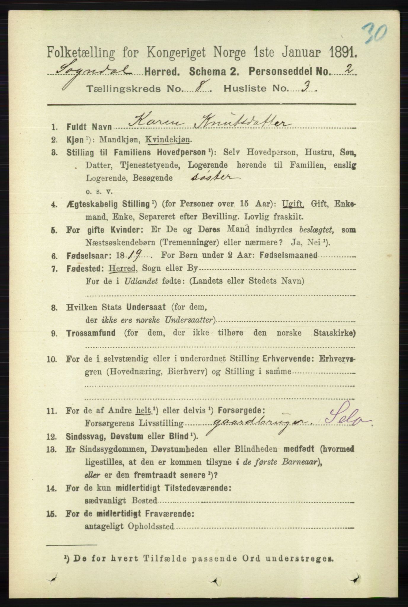 RA, 1891 census for 1111 Sokndal, 1891, p. 2704