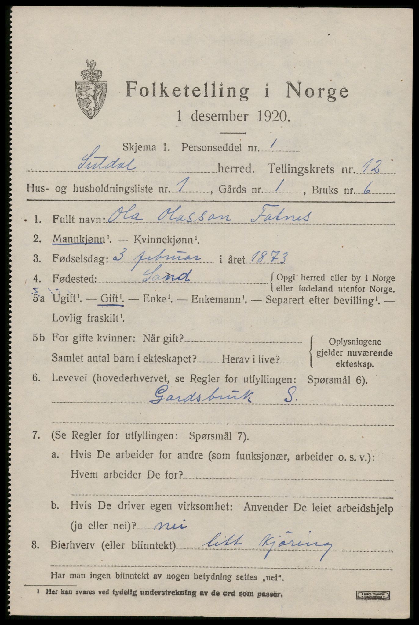 SAST, 1920 census for Suldal, 1920, p. 3466