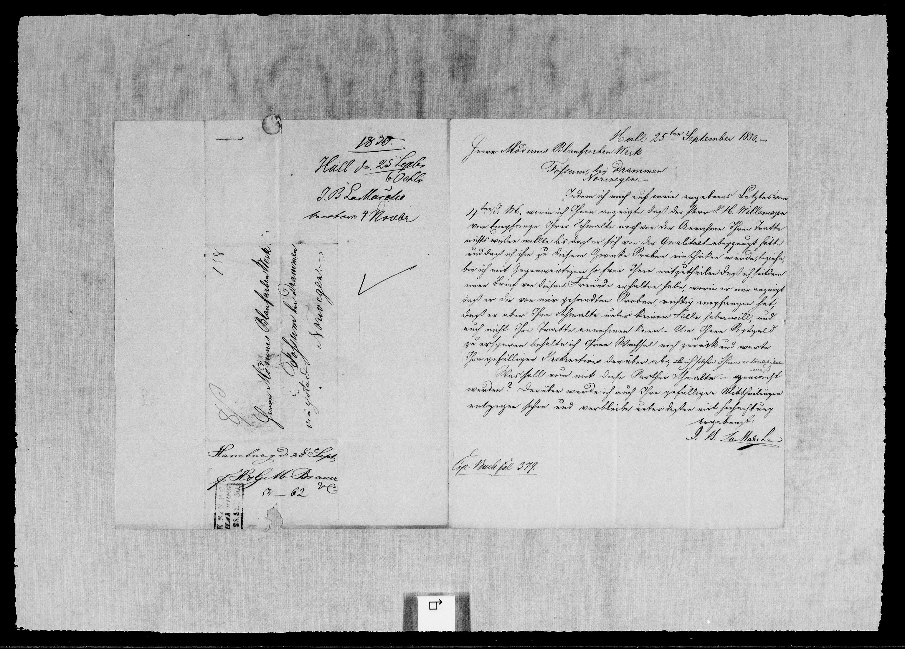 Modums Blaafarveværk, RA/PA-0157/G/Gb/L0106/0001: -- / Innkomne brev M - Y, 1830-1831, p. 3