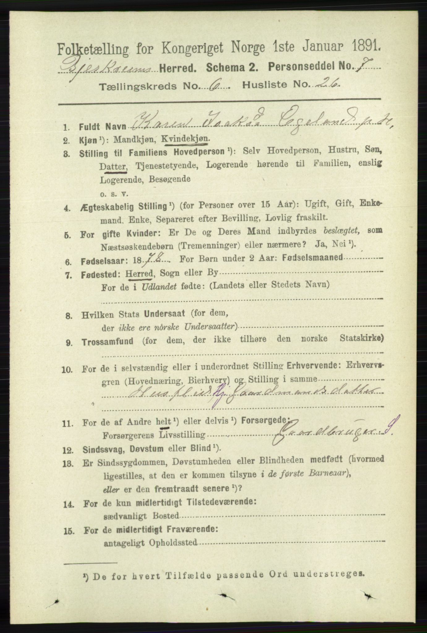 RA, 1891 census for 1114 Bjerkreim, 1891, p. 2268