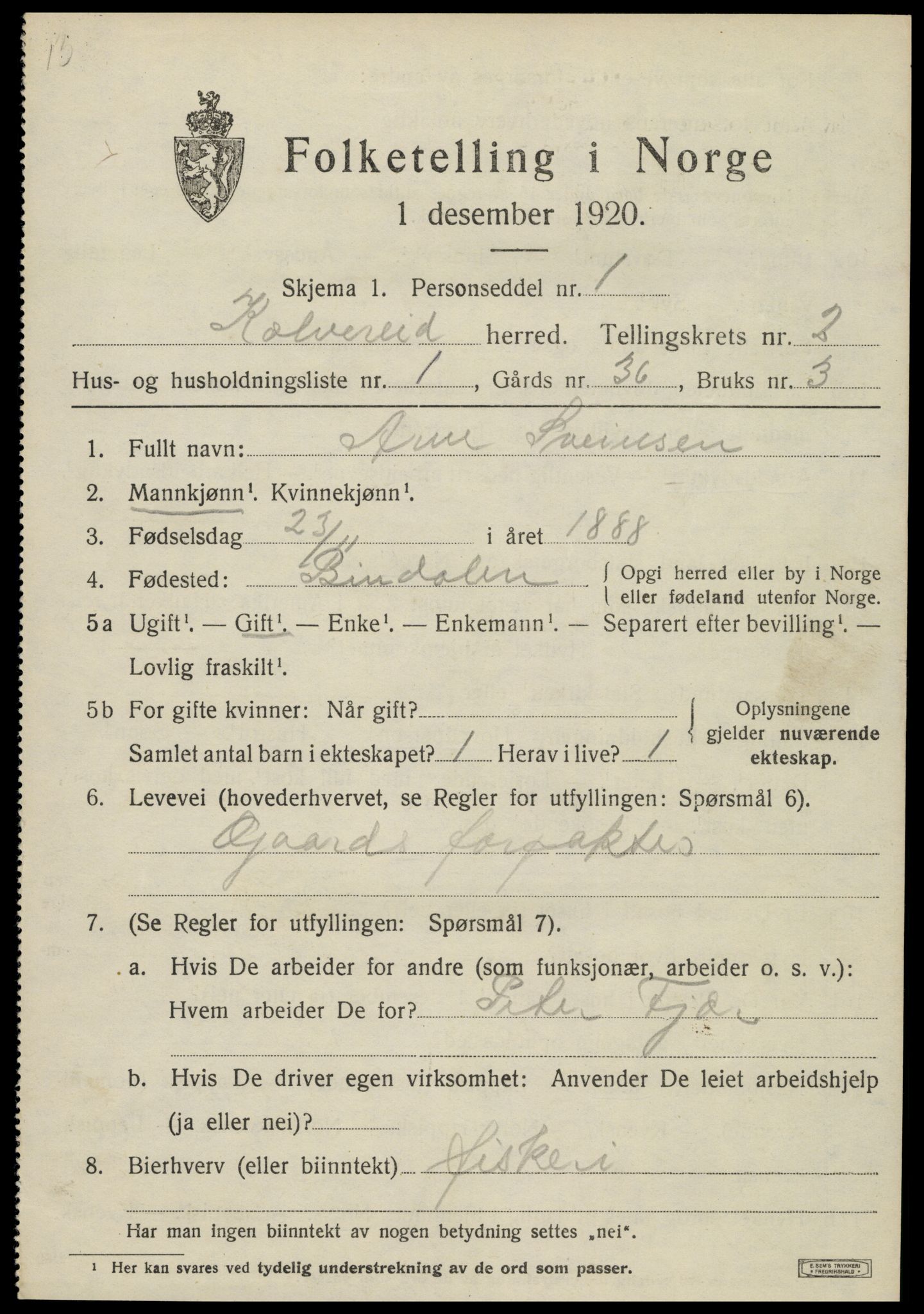 SAT, 1920 census for Kolvereid, 1920, p. 1501