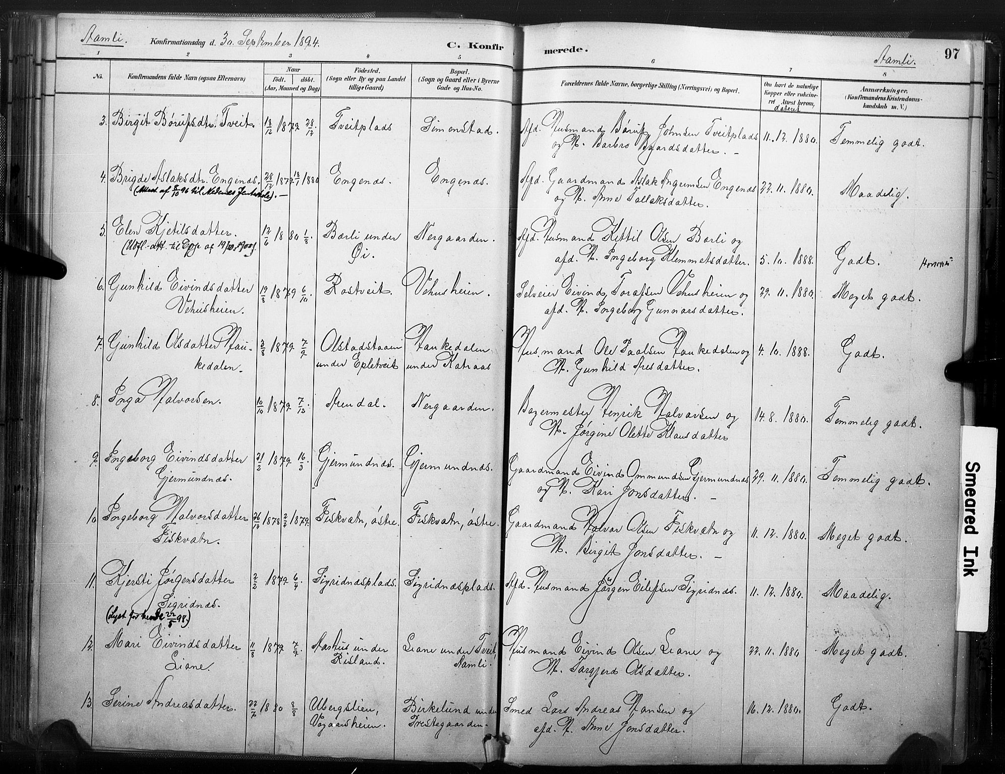 Åmli sokneprestkontor, SAK/1111-0050/F/Fa/Fac/L0010: Parish register (official) no. A 10 /1, 1885-1899, p. 97