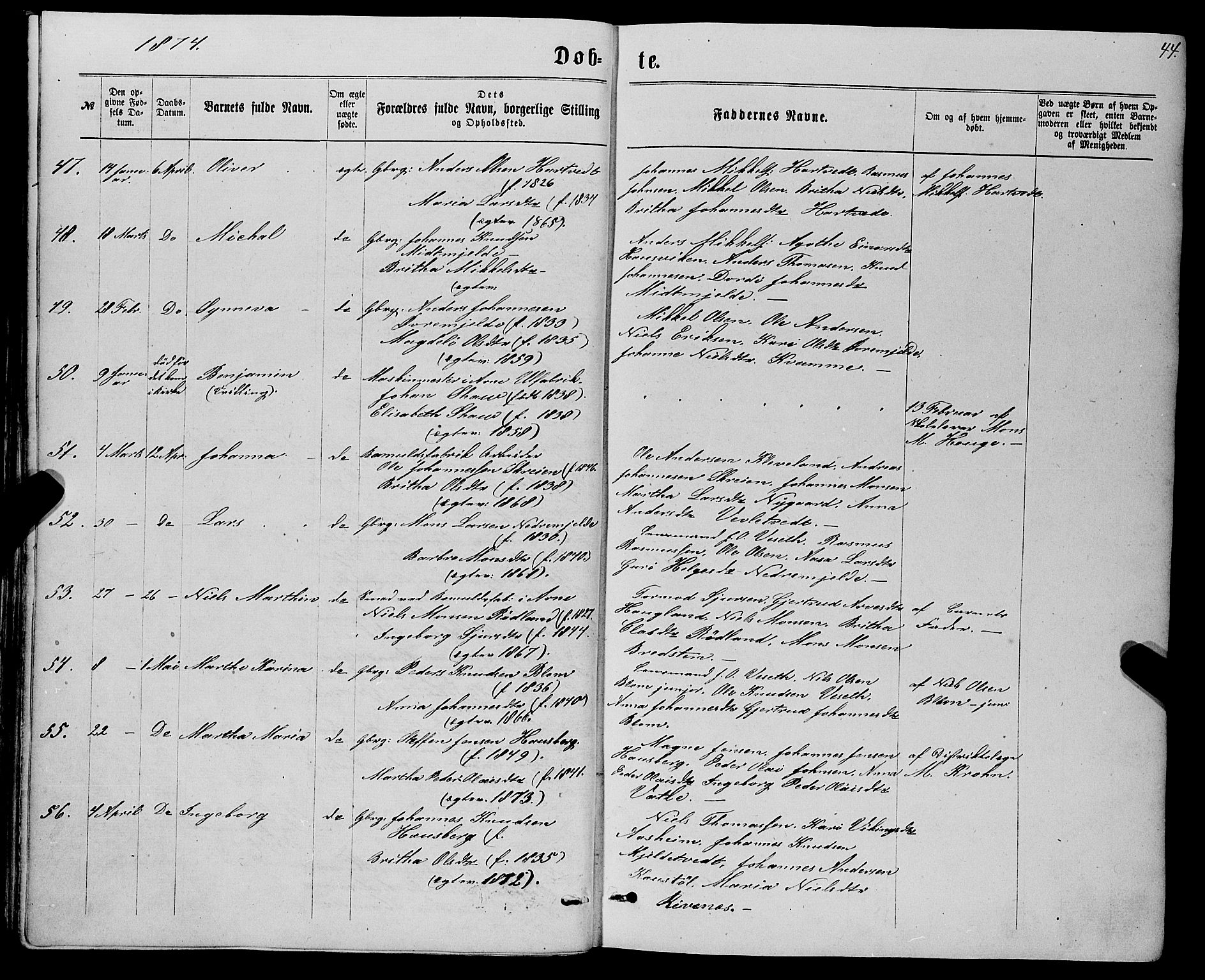 Haus sokneprestembete, AV/SAB-A-75601/H/Haa: Parish register (official) no. A 18, 1871-1877, p. 44