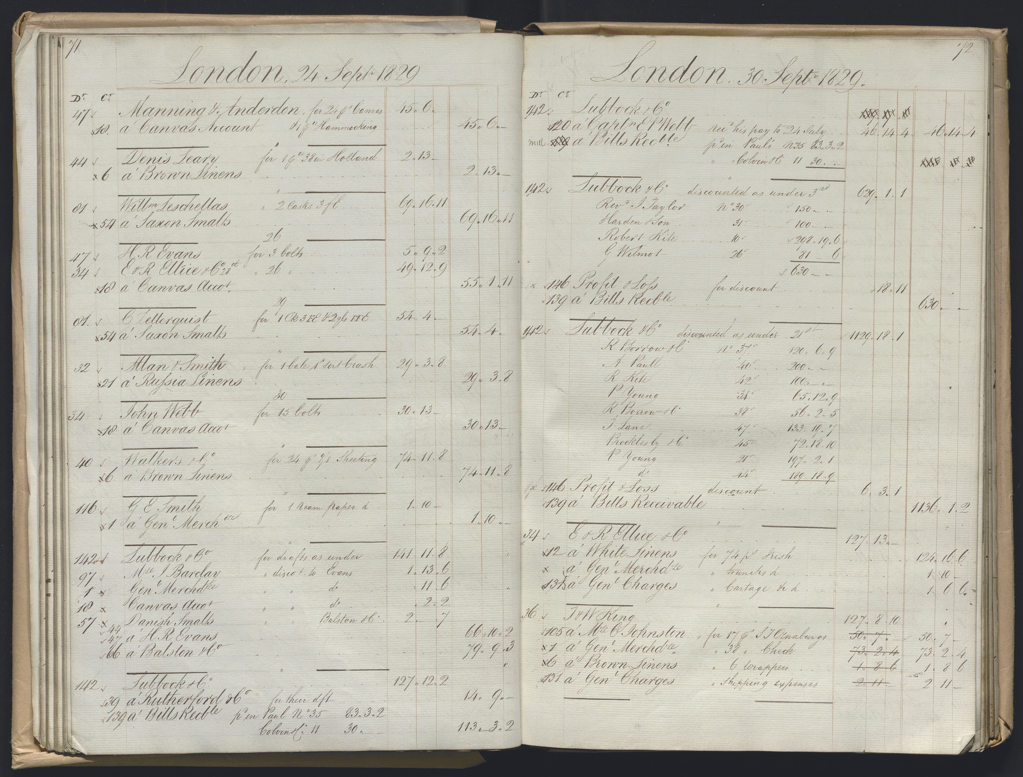 Smith, Goodhall & Reeves, AV/RA-PA-0586/R/L0001: Dagbok (Daybook) A, 1829-1831, p. 71-72