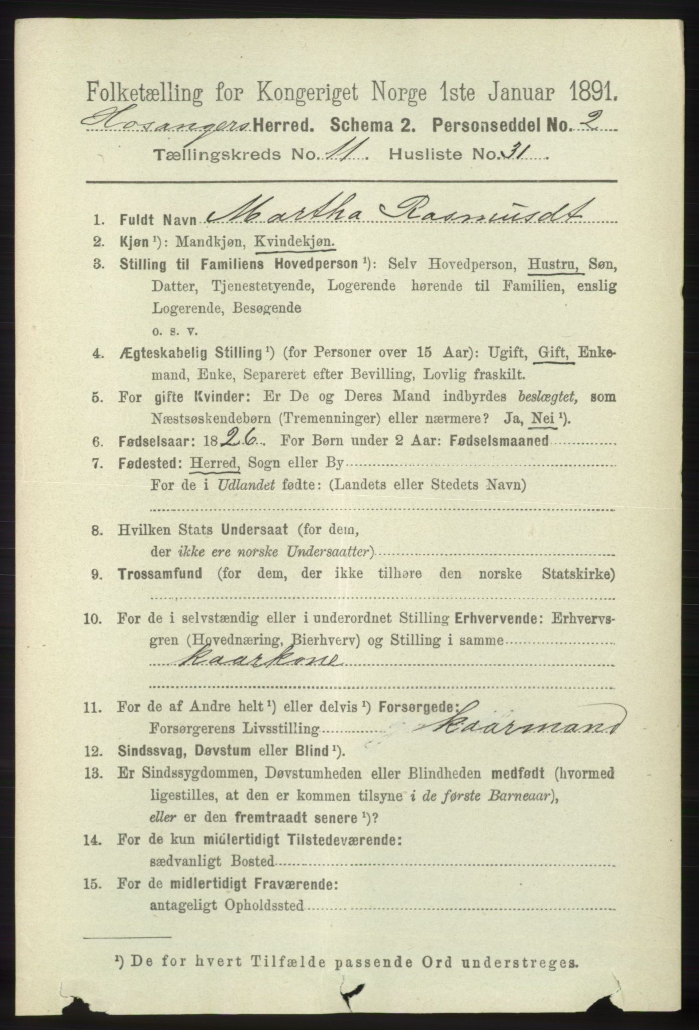 RA, 1891 census for 1253 Hosanger, 1891, p. 3957