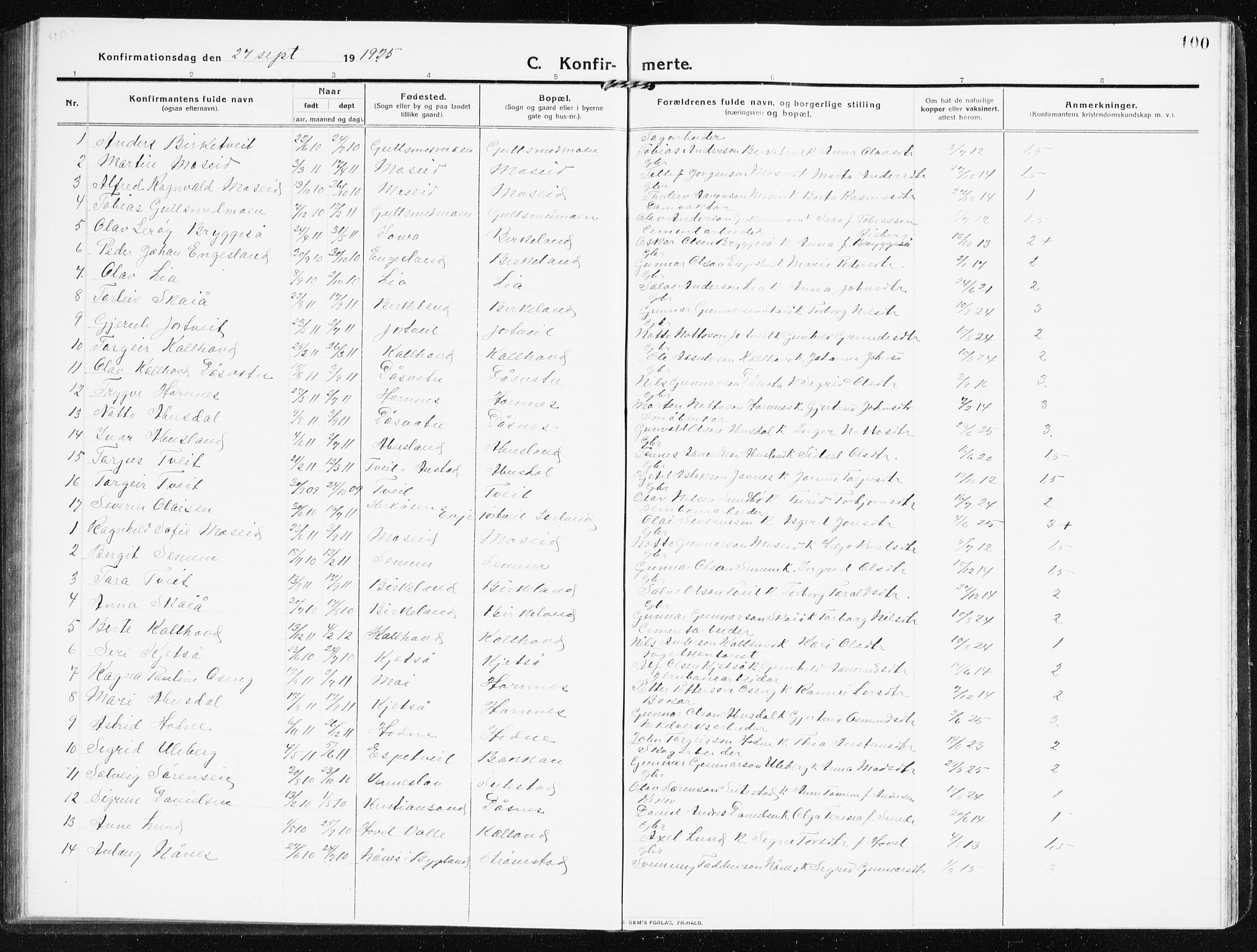 Evje sokneprestkontor, SAK/1111-0008/F/Fb/Fbb/L0003: Parish register (copy) no. B 3, 1910-1933, p. 100