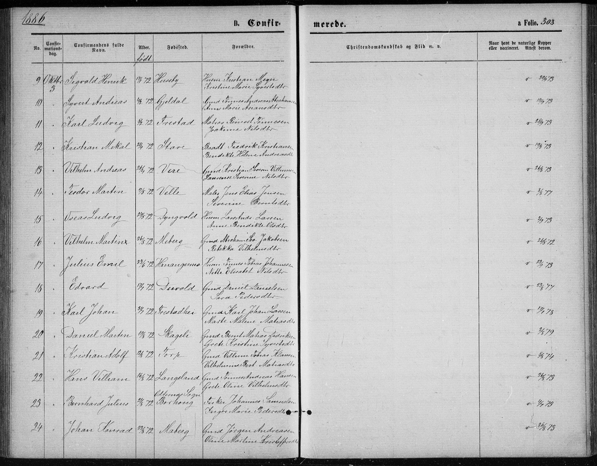 Lista sokneprestkontor, SAK/1111-0027/F/Fb/L0004: Parish register (copy) no. B 4, 1877-1891, p. 303