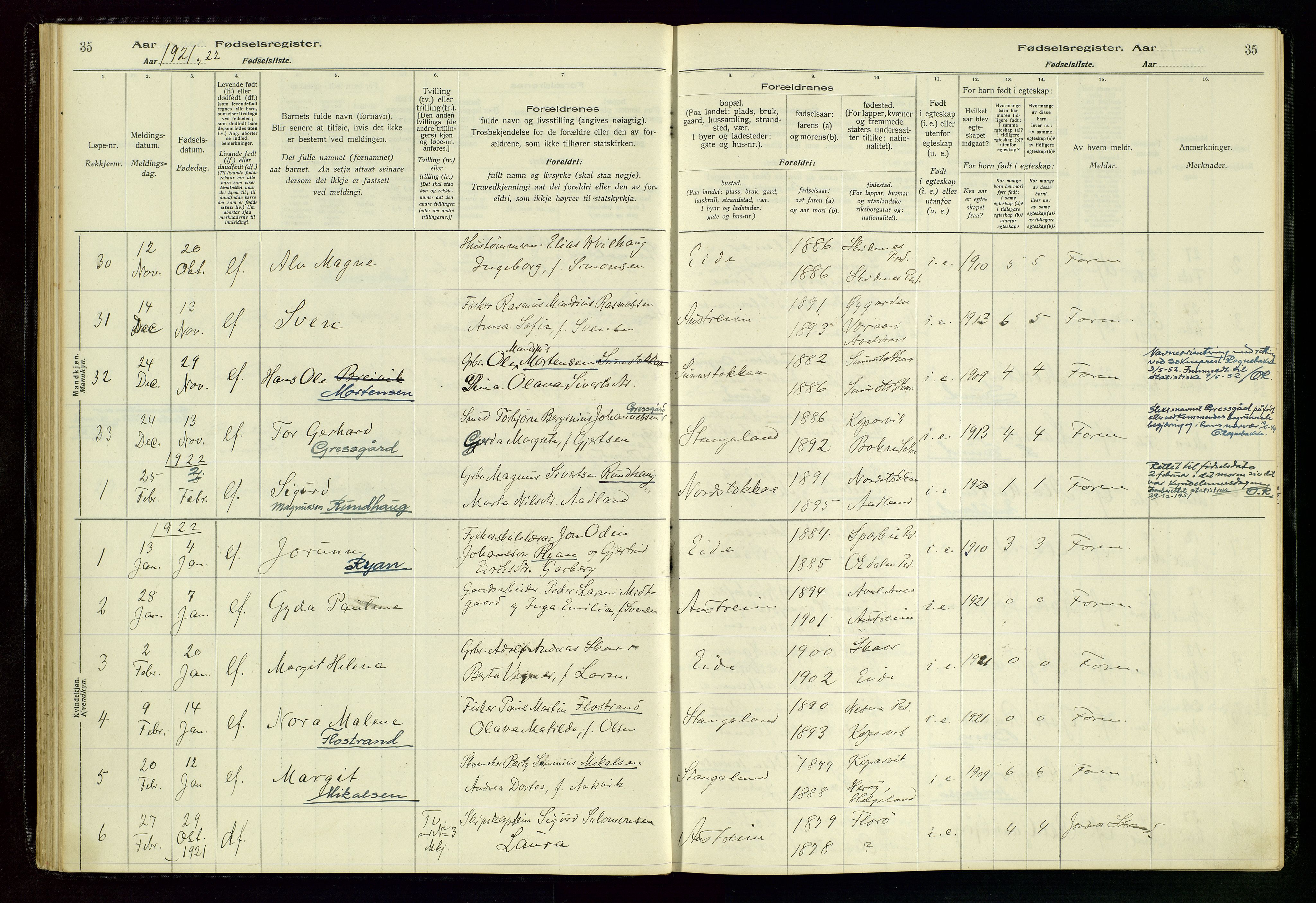 Kopervik sokneprestkontor, SAST/A-101850/I/Id/L0004: Birth register no. 4, 1916-1958, p. 35